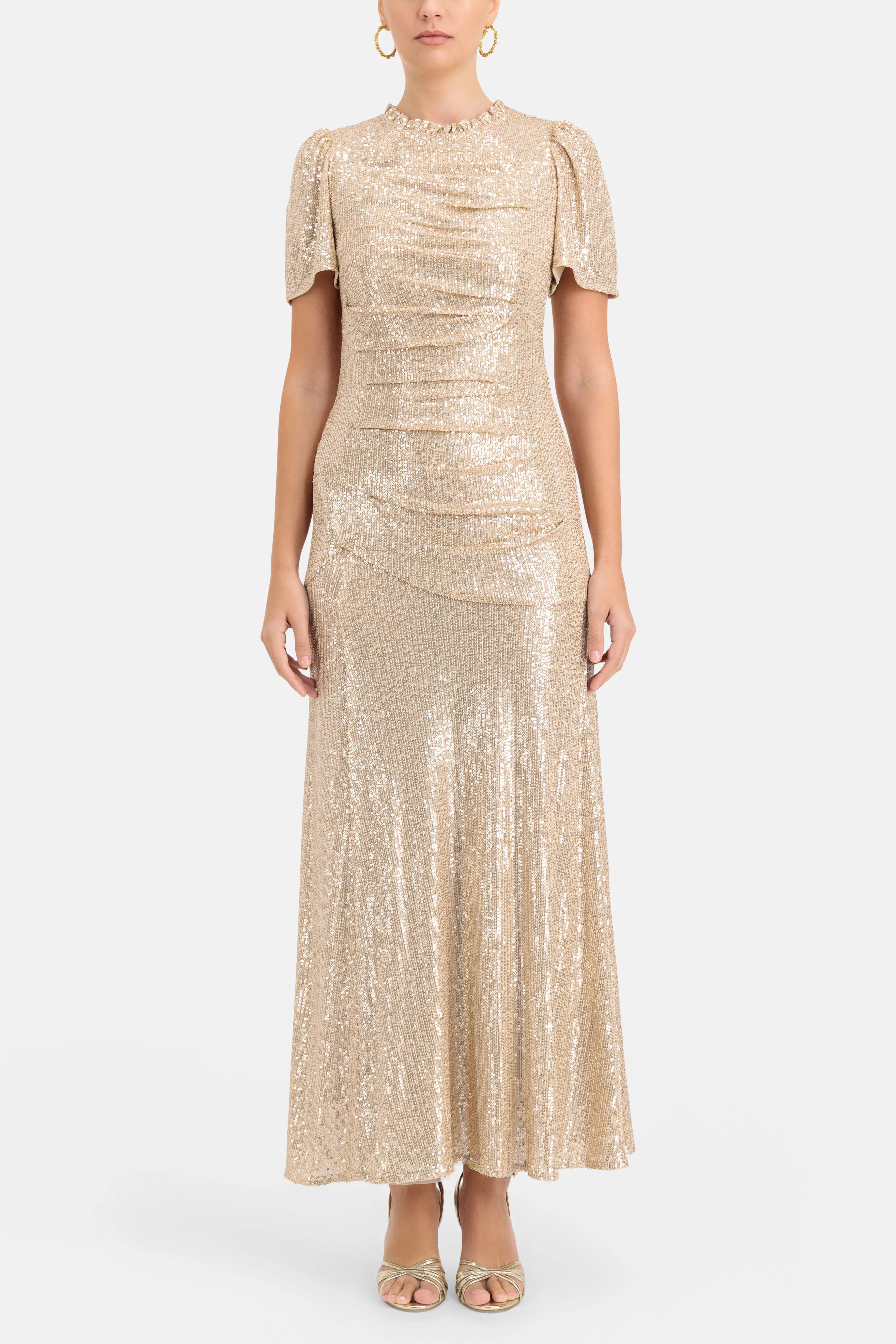 Valentina Sequin Round Neck Short Sleeves Evening Dress in Beige