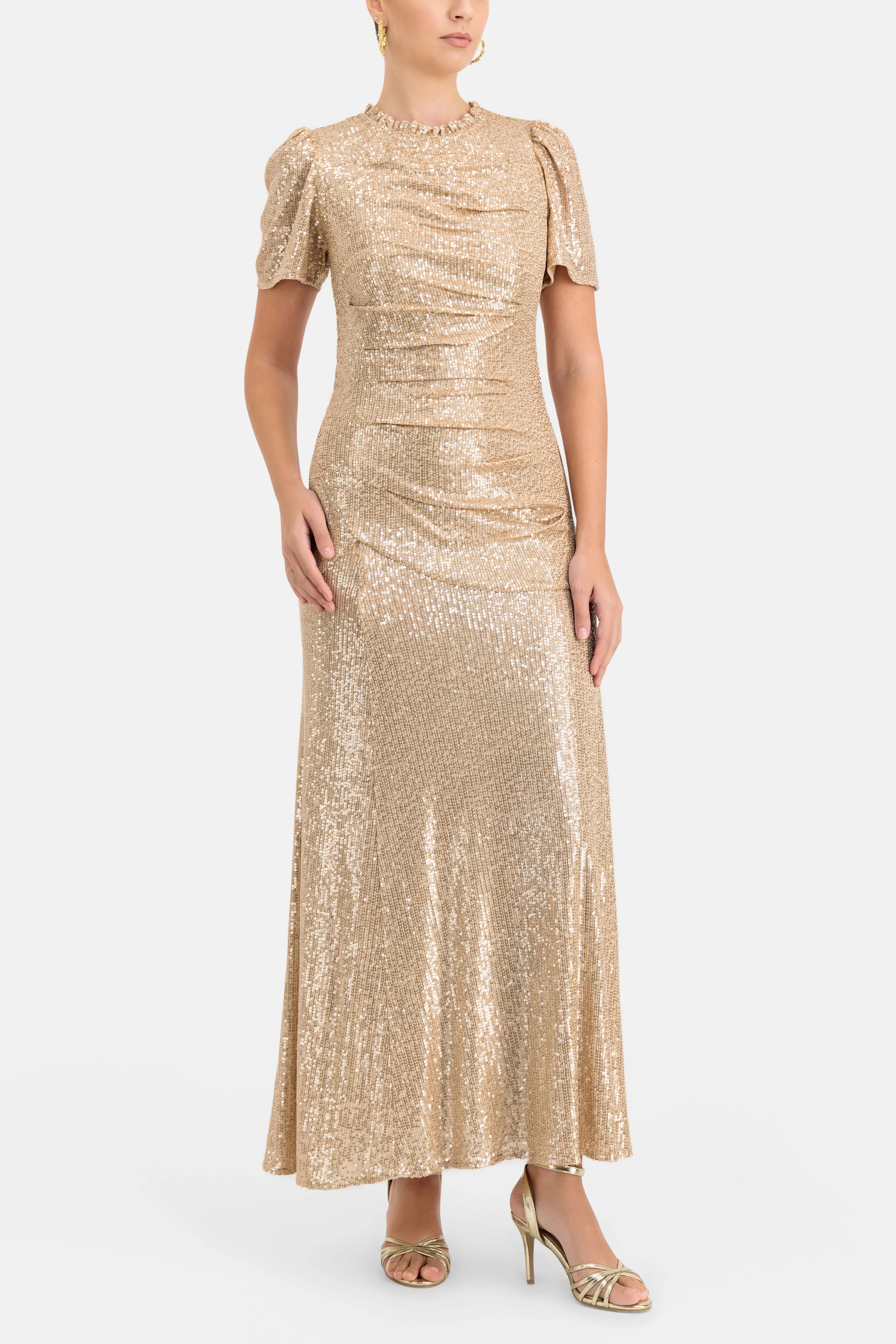 Valentina Sequin Round Neck Short Sleeves Evening Dress in Beige