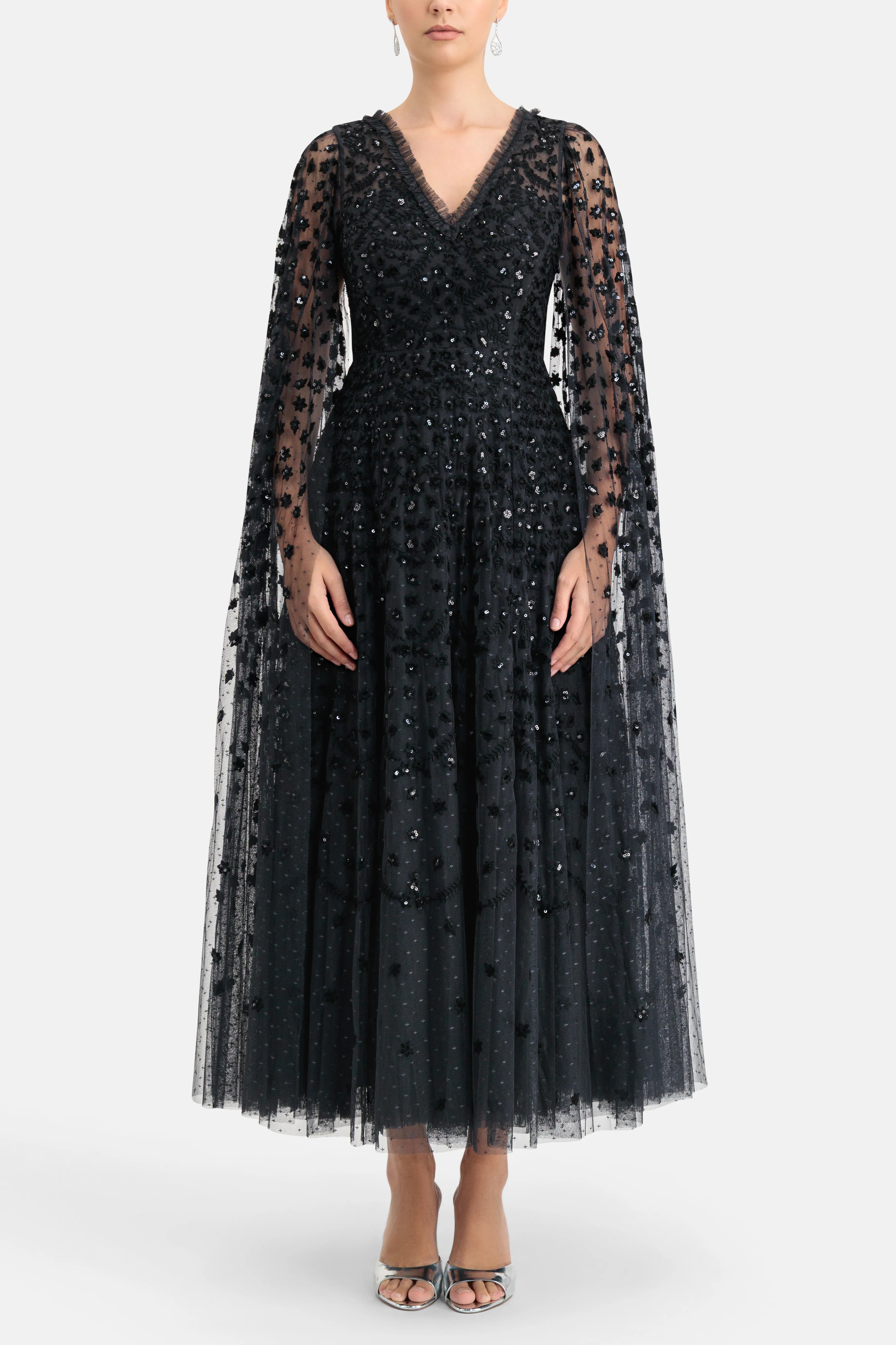 Clover Cape Sleeve V Neck Evening Dress in Black