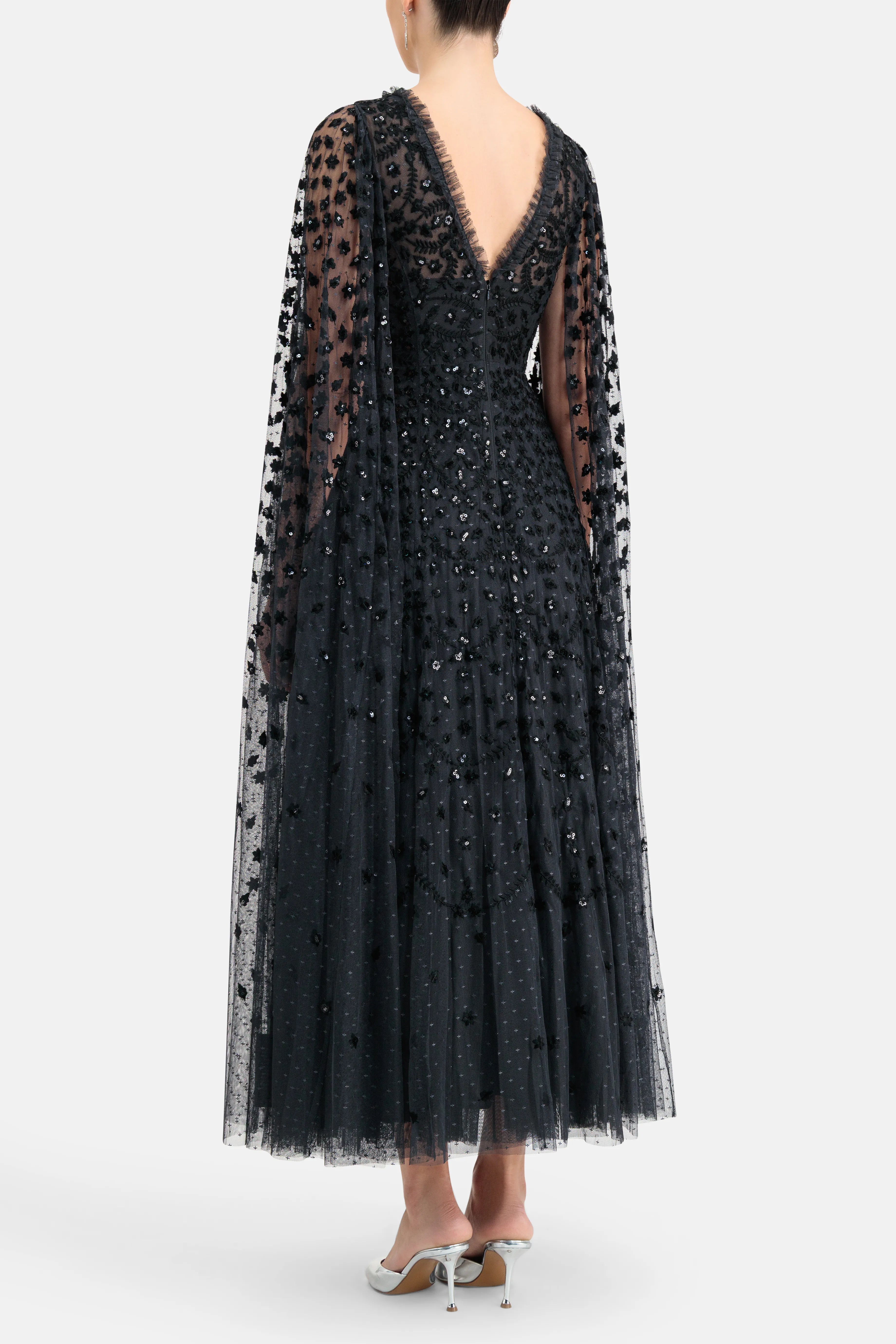 Clover Cape Sleeve V Neck Evening Dress in Black