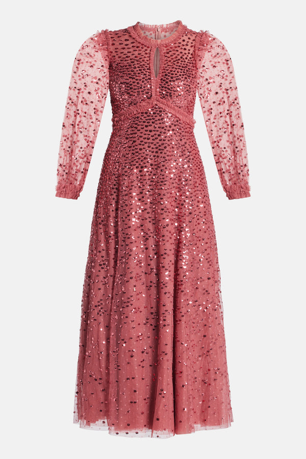 Dappled Sequin Round Neck Long Sleeves Evening Dress in Maroon