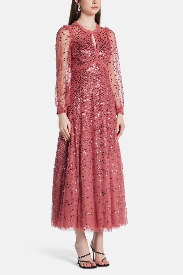 Dappled Sequin Round Neck Long Sleeves Evening Dress in Maroon
