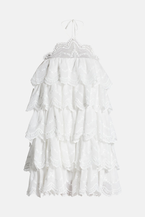Phi Phi Halter Neck Ruffle Cotton Mini Dress in White