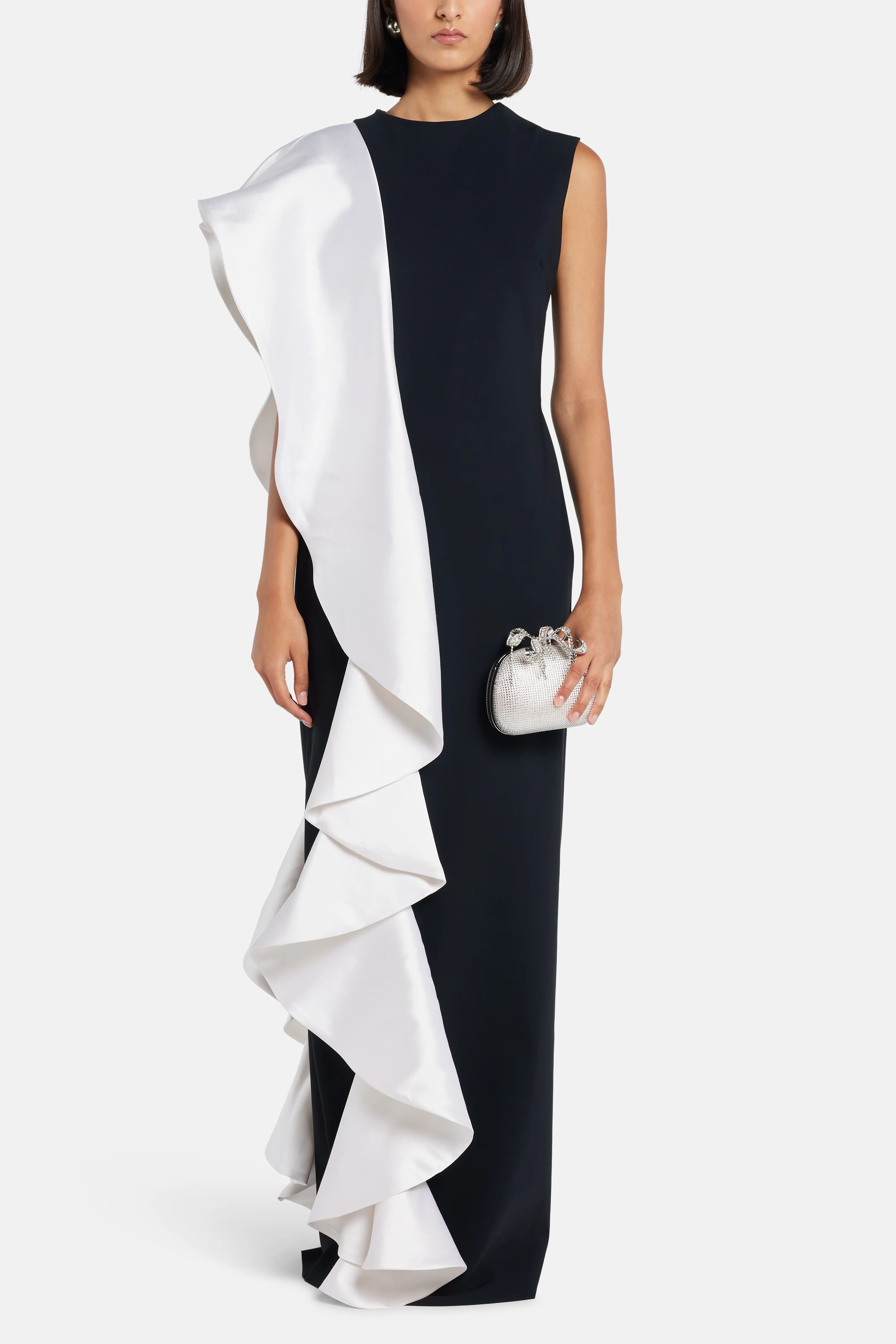 Ruffle Trim Sleeveless Evening Gown in Black and White