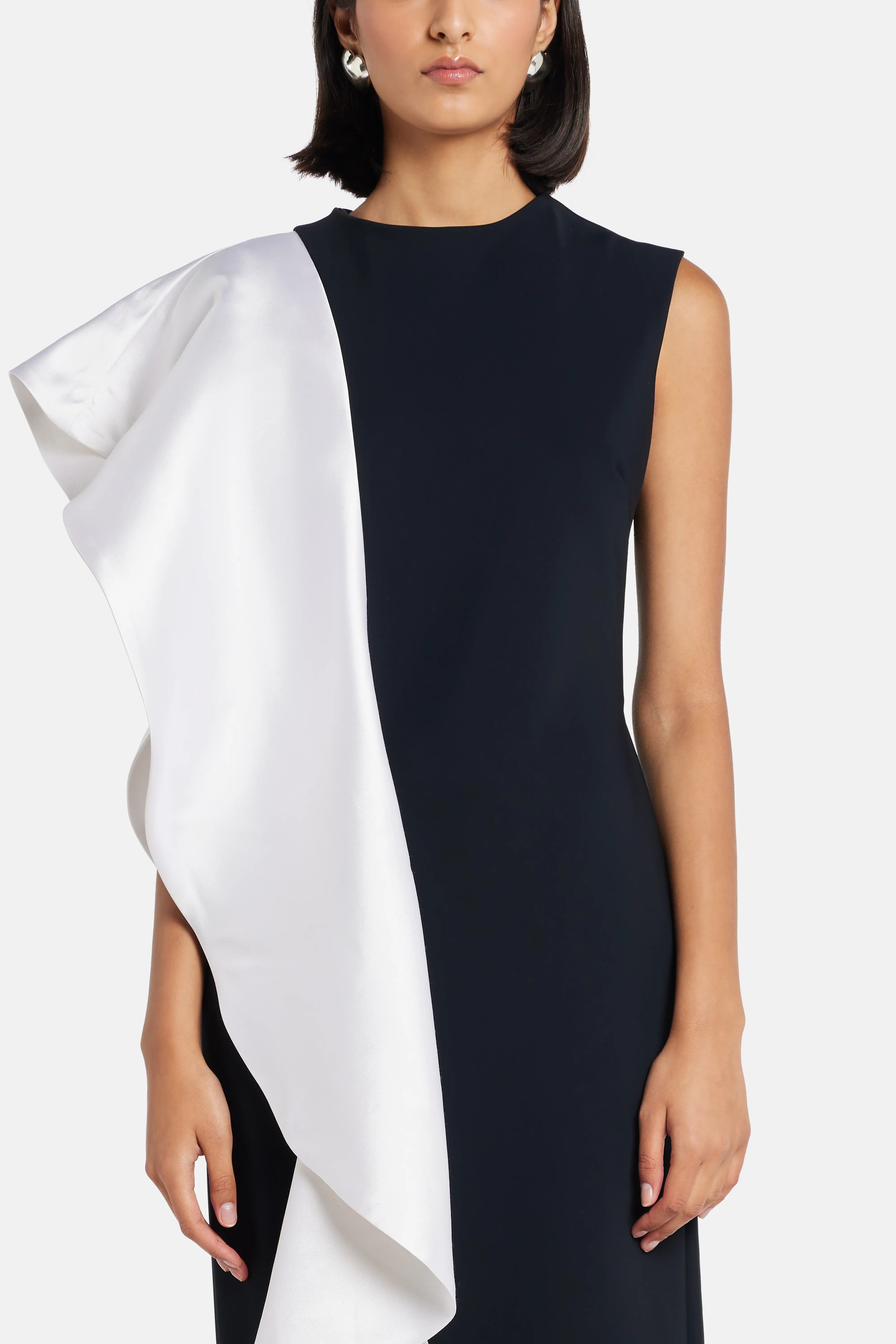 Ruffle Trim Sleeveless Evening Gown in Black and White