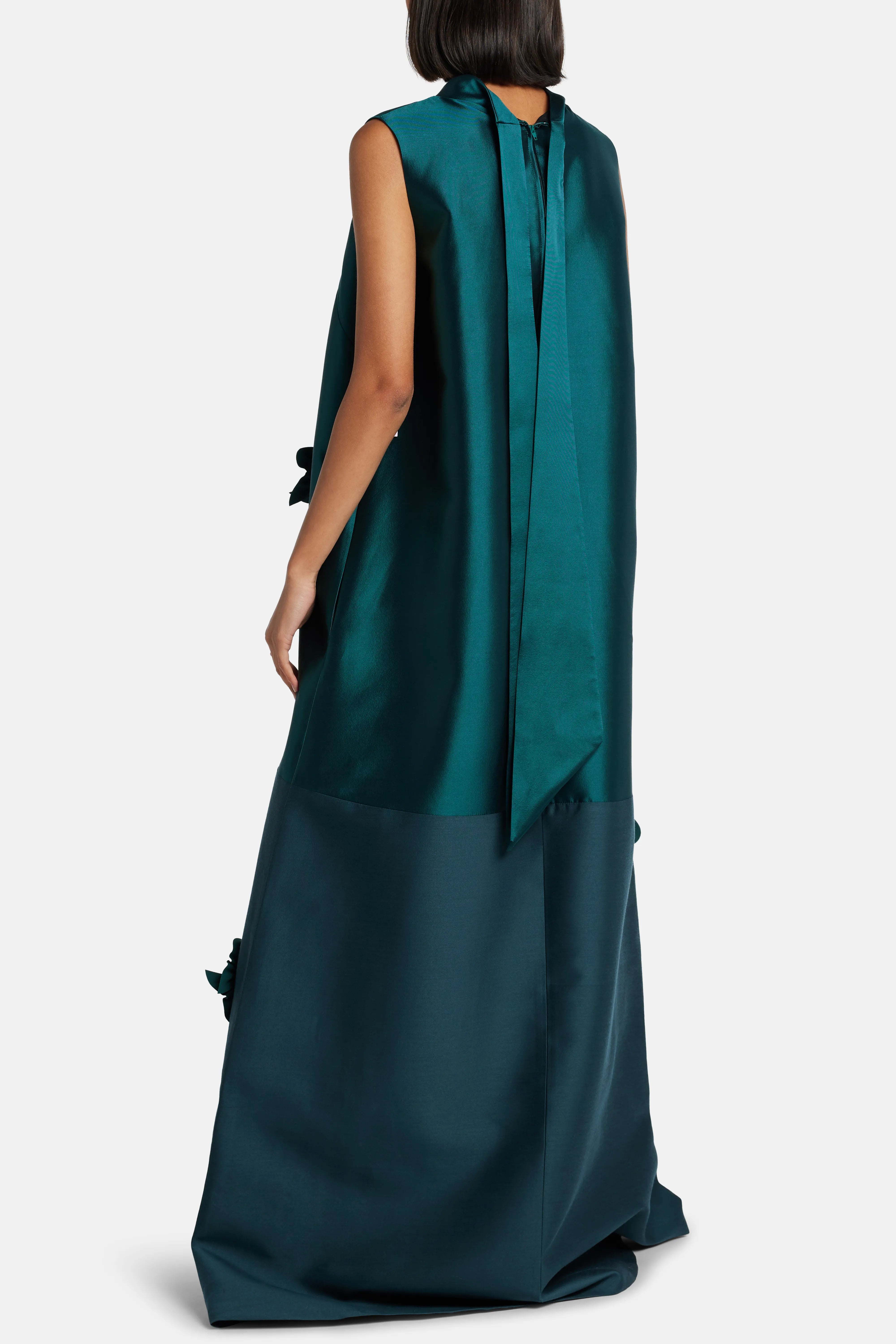 A-Line Floral Applique Sleeveless Silk Evening Gown in Green