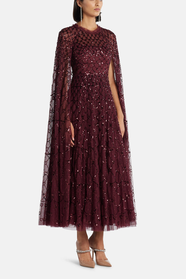 Heart Lattice Sequin Cape Evening Dress in Maroon