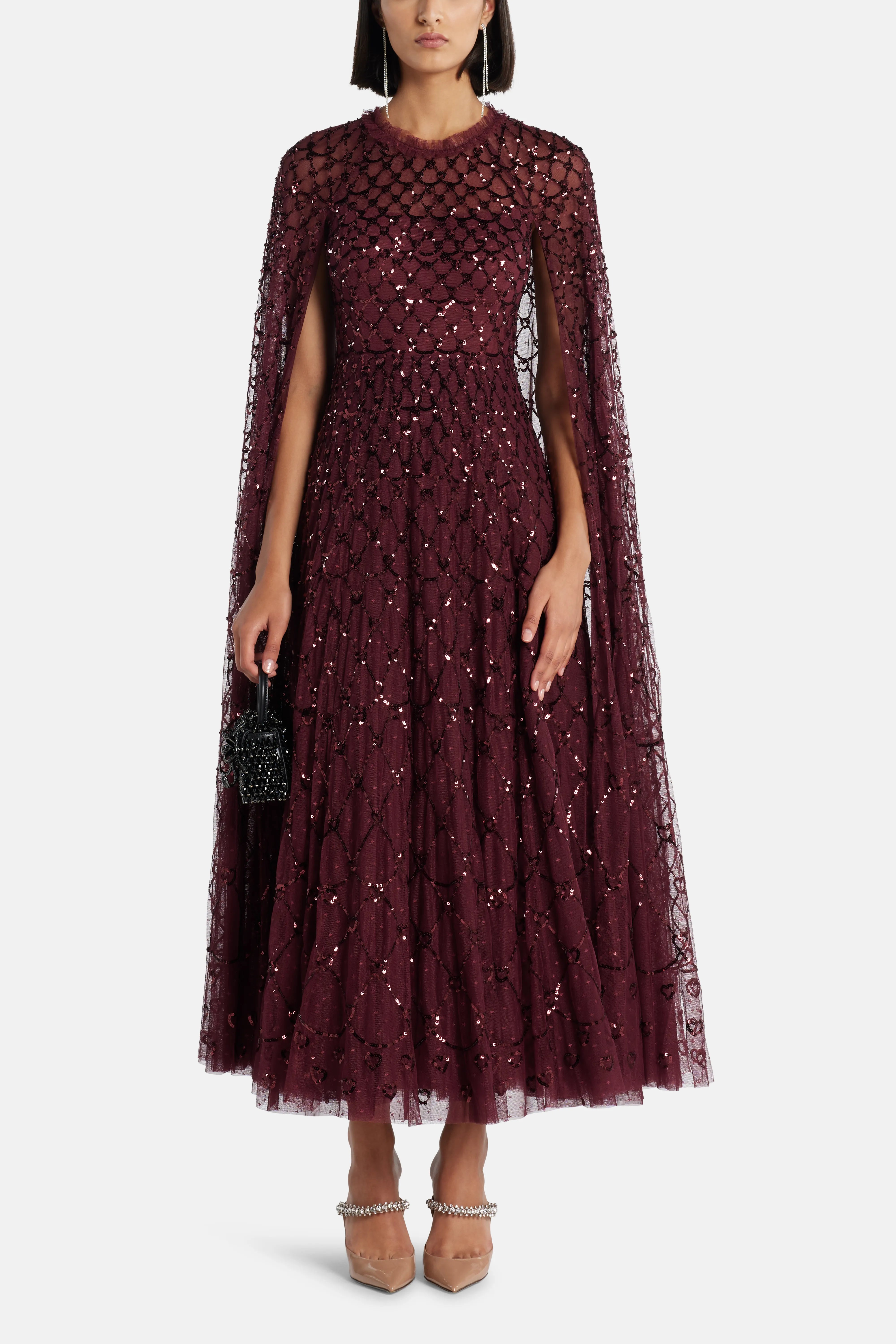 Heart Lattice Sequin Cape Evening Dress in Maroon