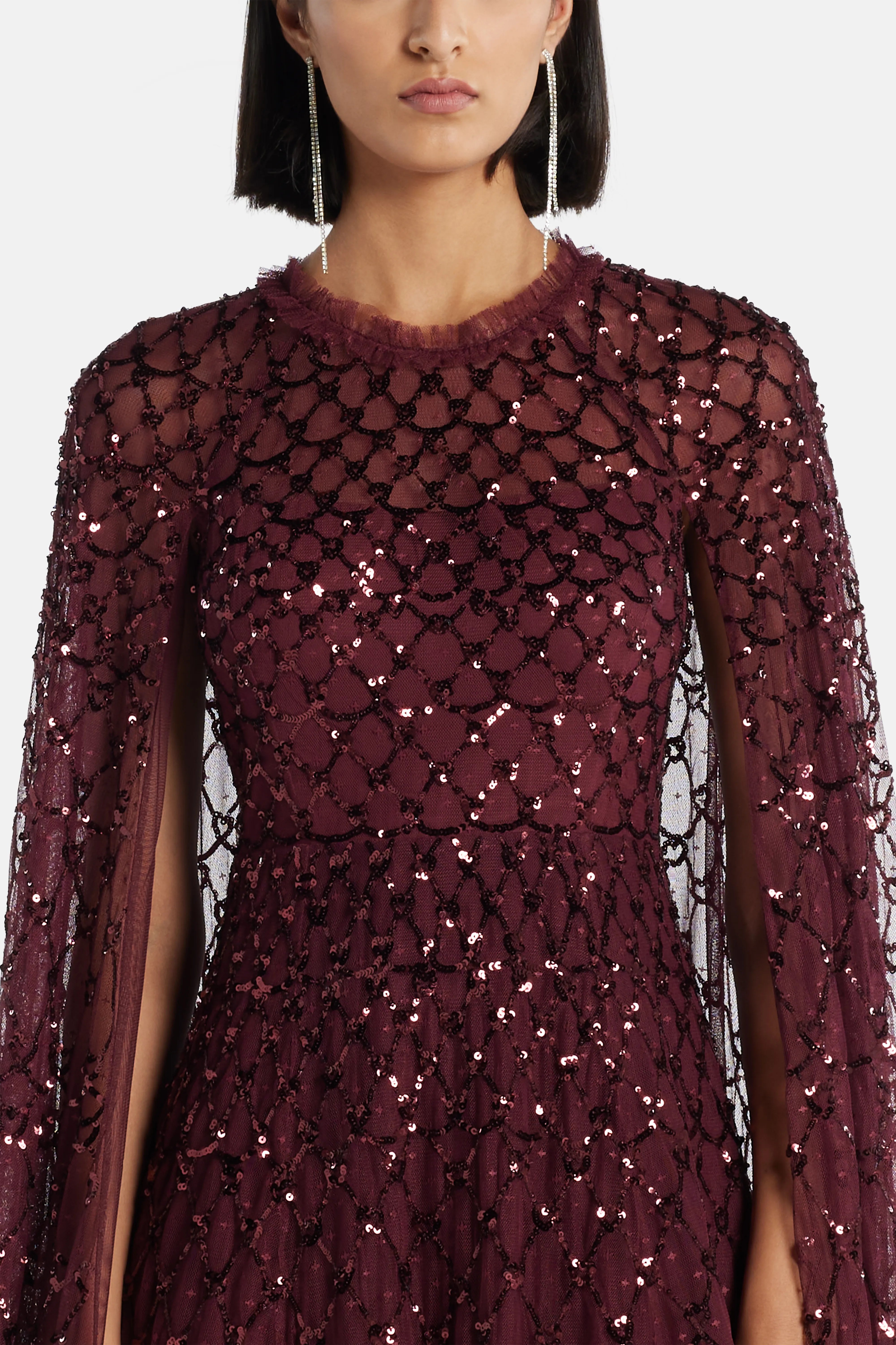 Heart Lattice Sequin Cape Evening Dress in Maroon