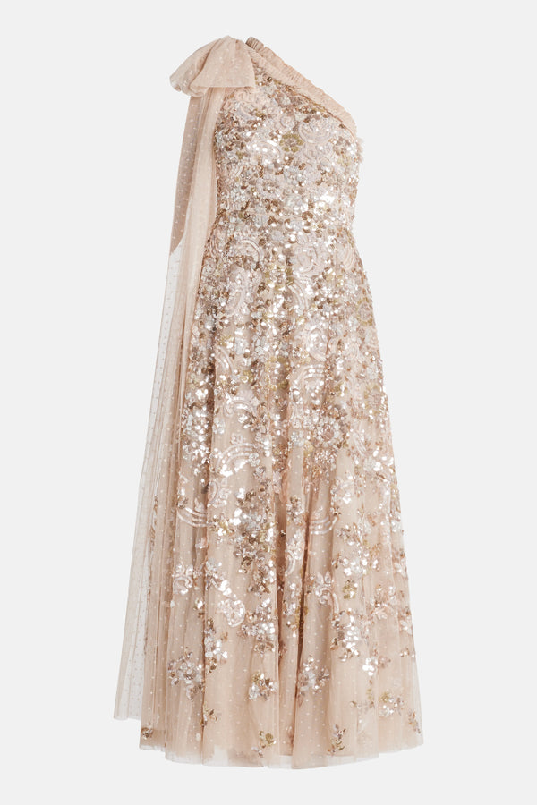 Baroque Floral One Shoulder Bow Evening Dress in Beige