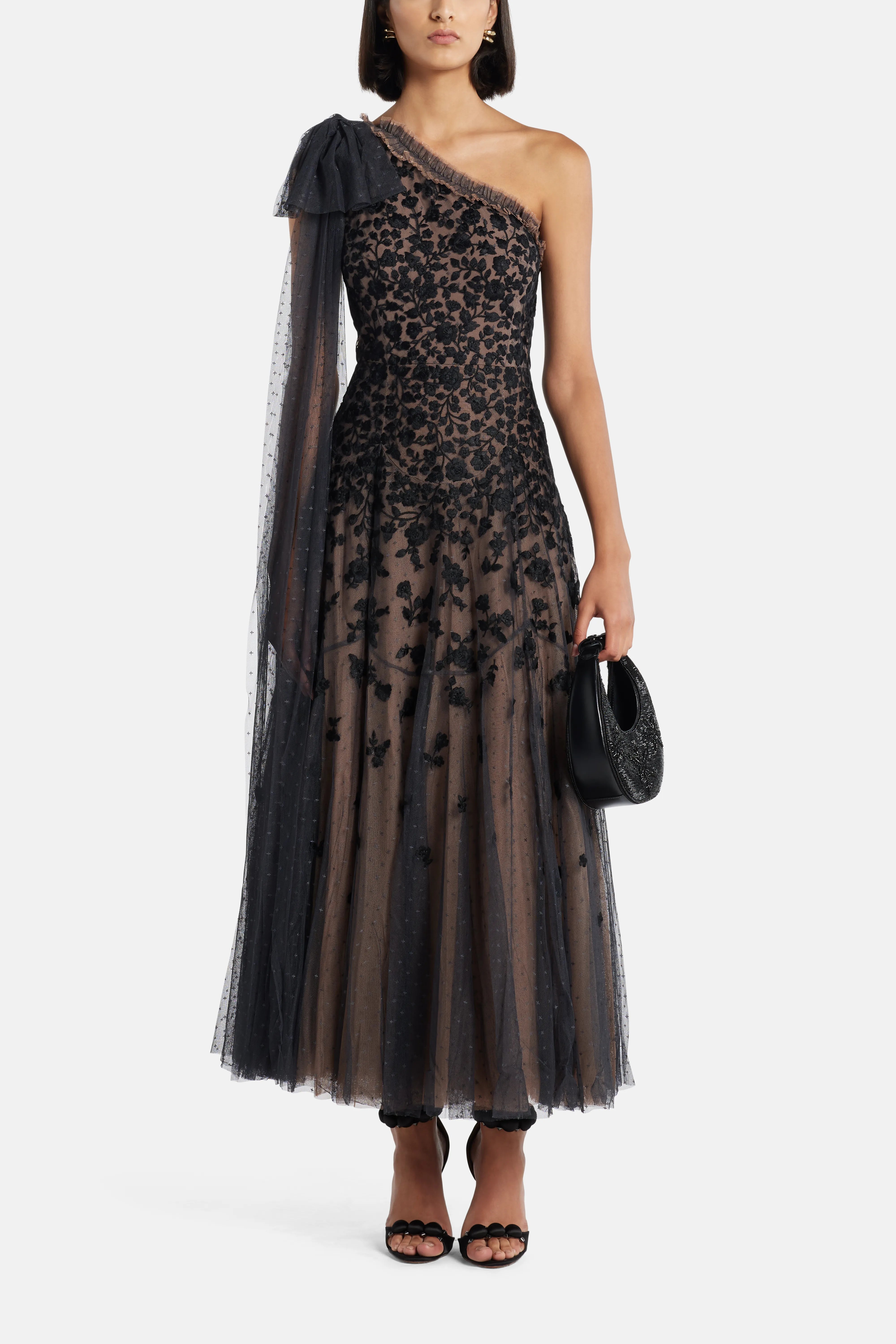 Sylvia Rose One Shoulder Bow Evening Dress in Black