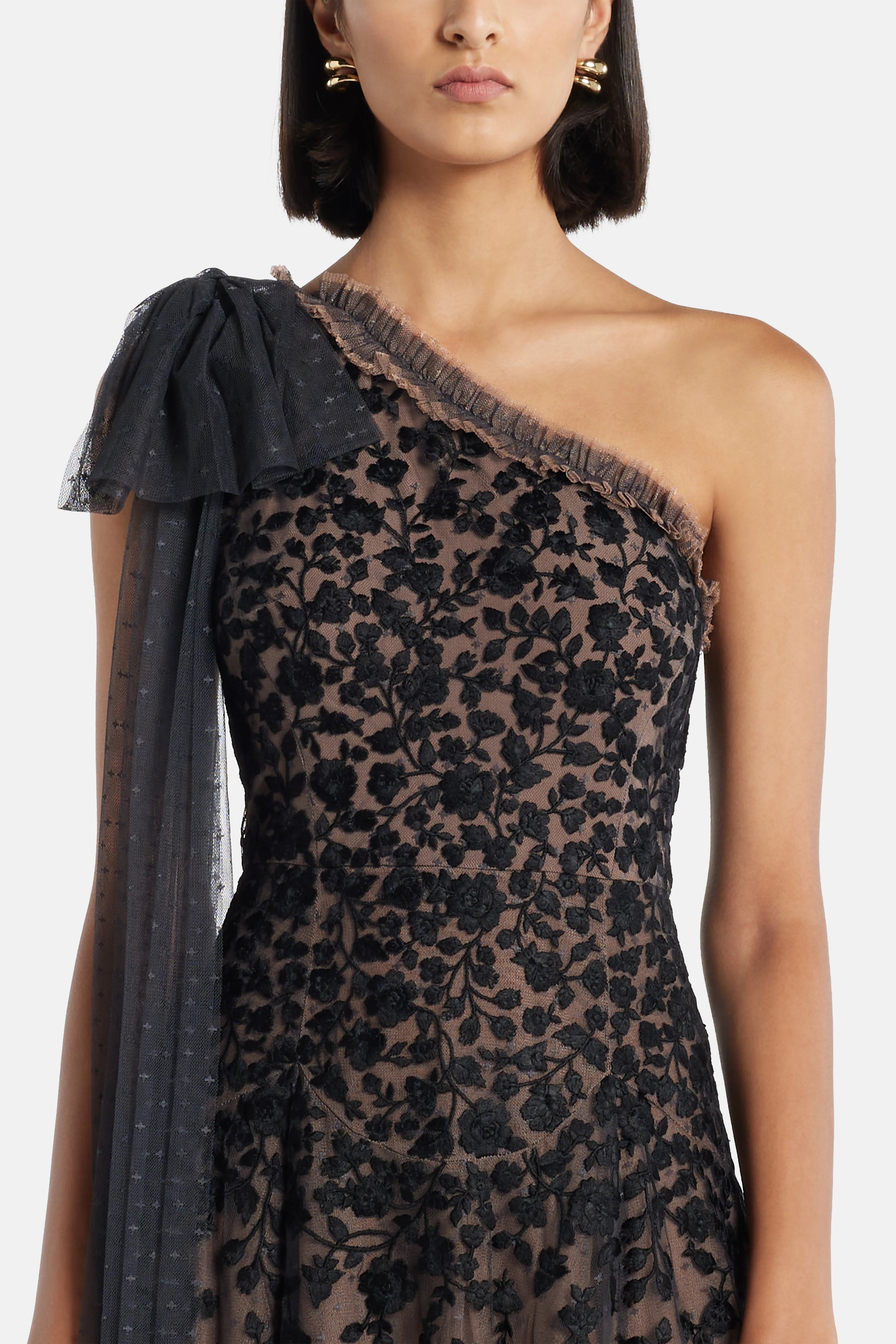 Sylvia Rose One Shoulder Bow Evening Dress in Black