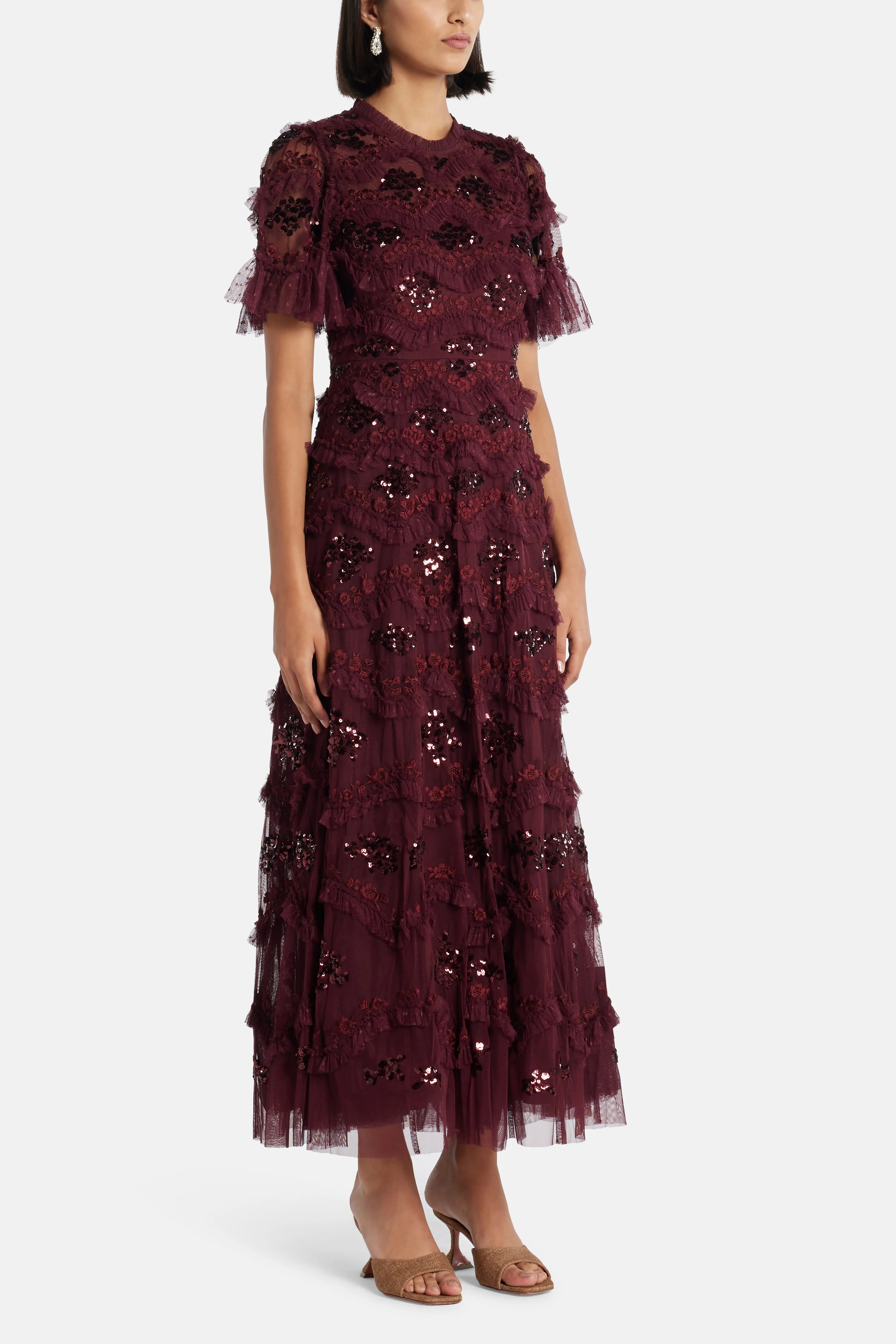 Daisy Wave Sequin Evening Dress in Maroon
