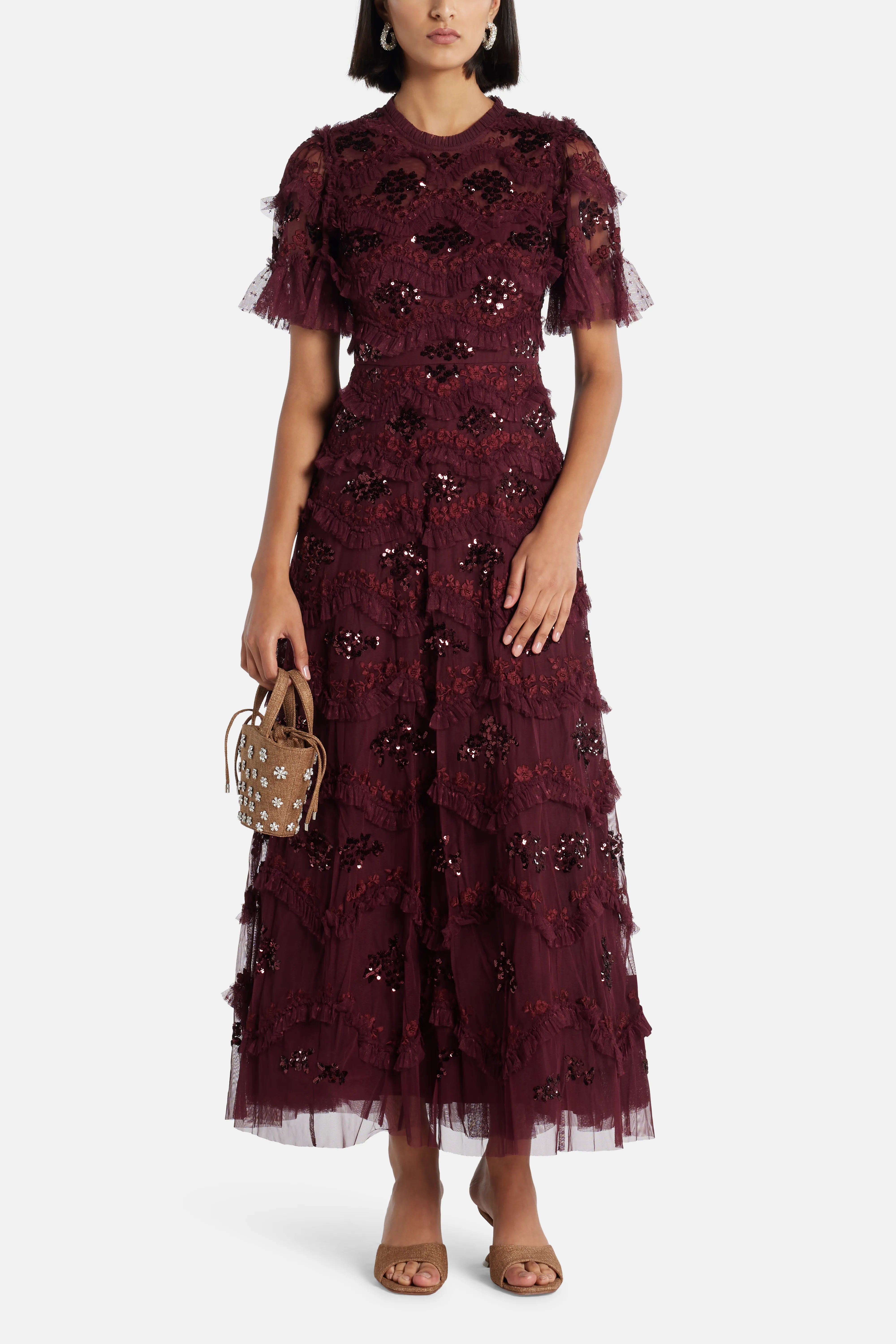 Daisy Wave Sequin Evening Dress in Maroon