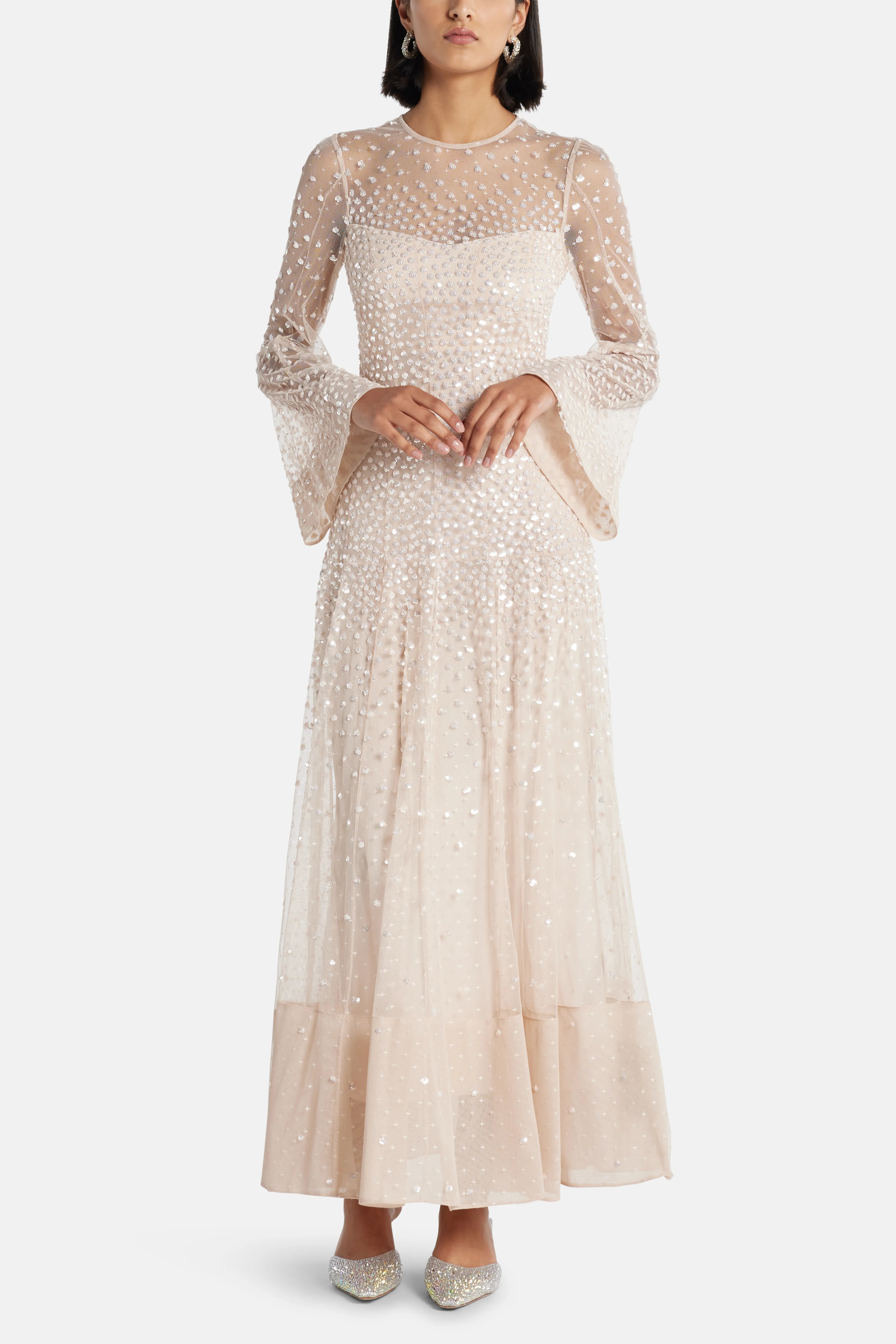 Sequin Cascade Evening Dress in Beige