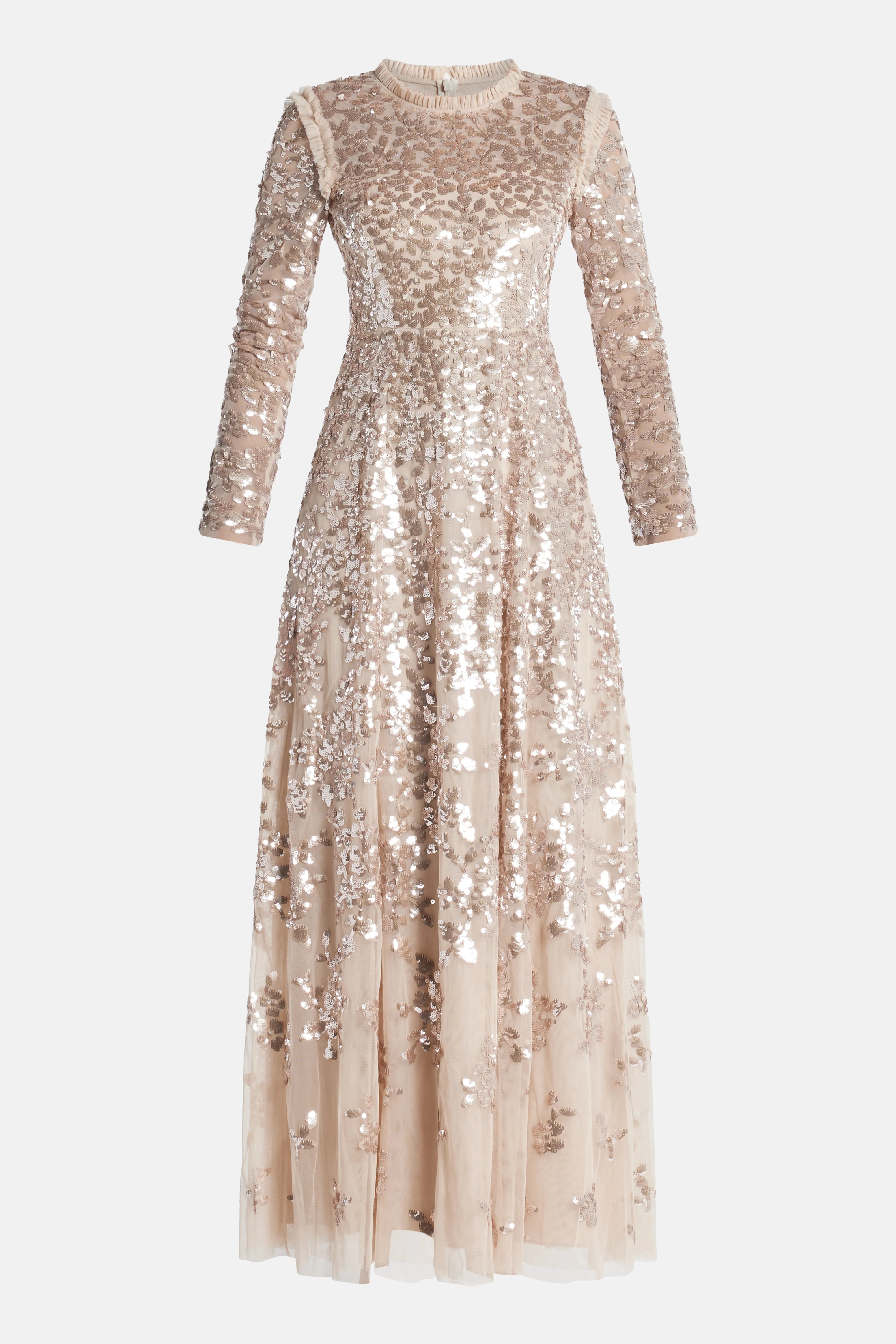 Rosanna Lattice Sequin Evening Dress in Beige