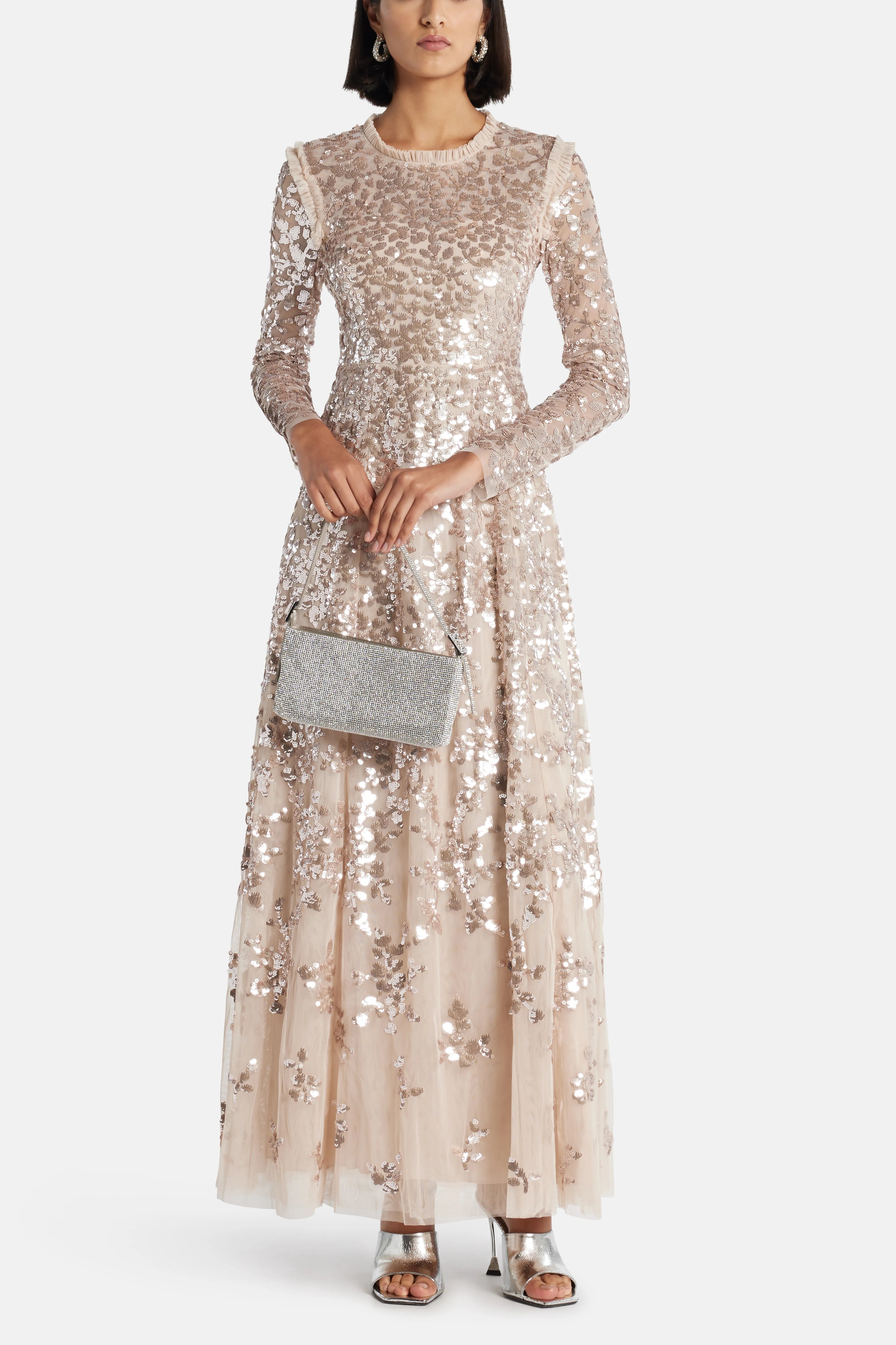Rosanna Lattice Sequin Evening Dress in Beige