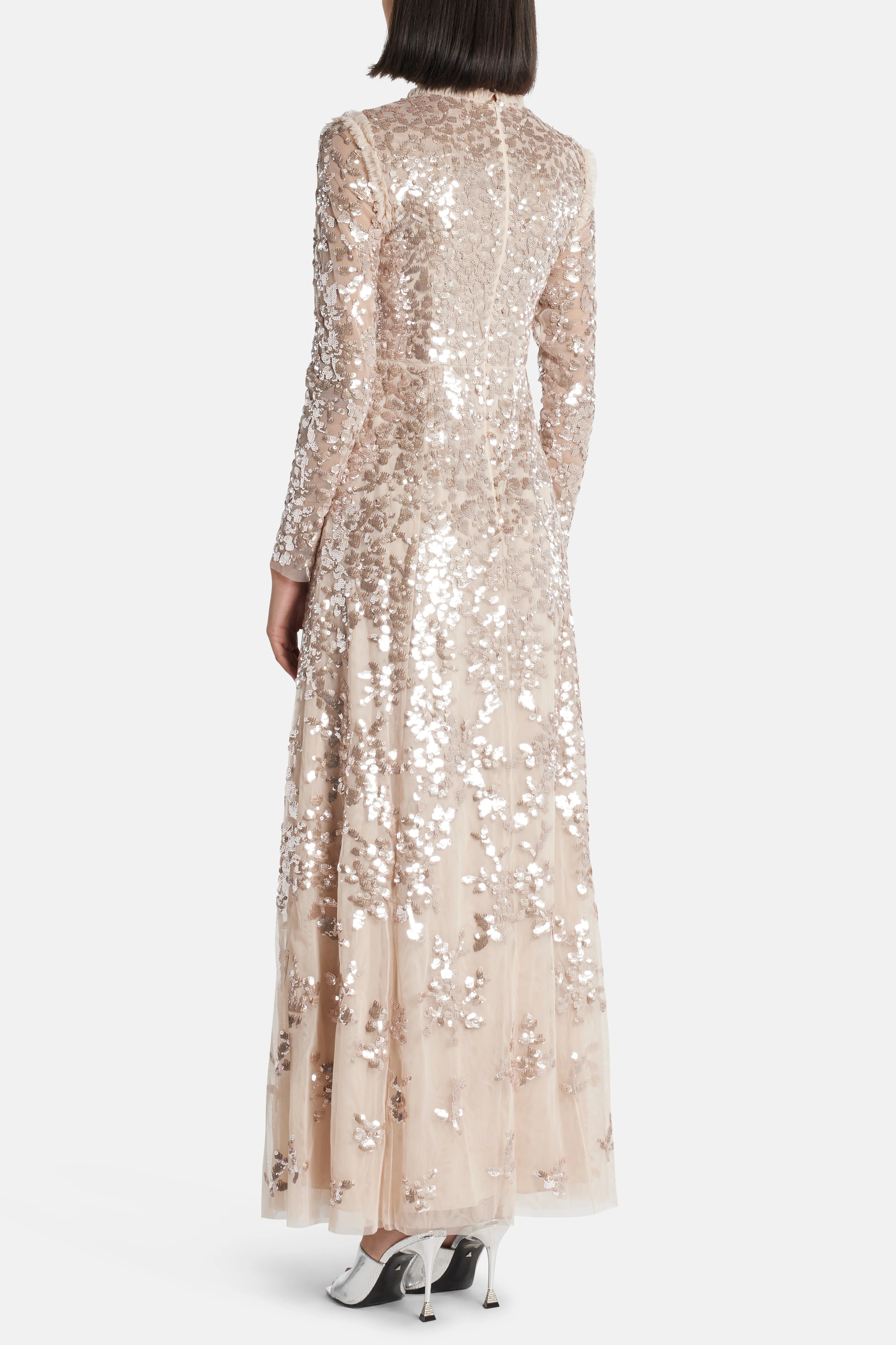 Rosanna Lattice Sequin Evening Dress in Beige