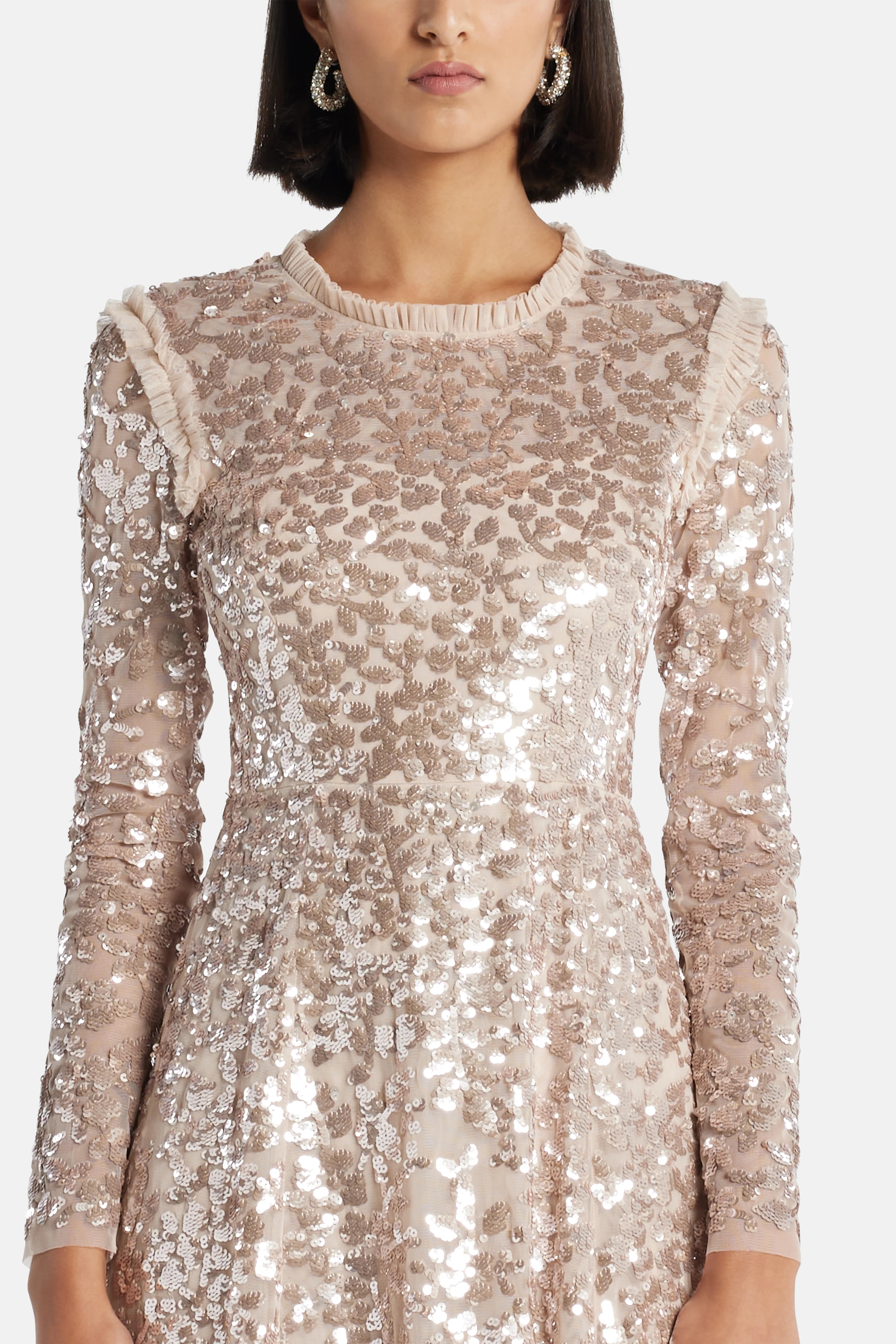 Rosanna Lattice Sequin Evening Dress in Beige
