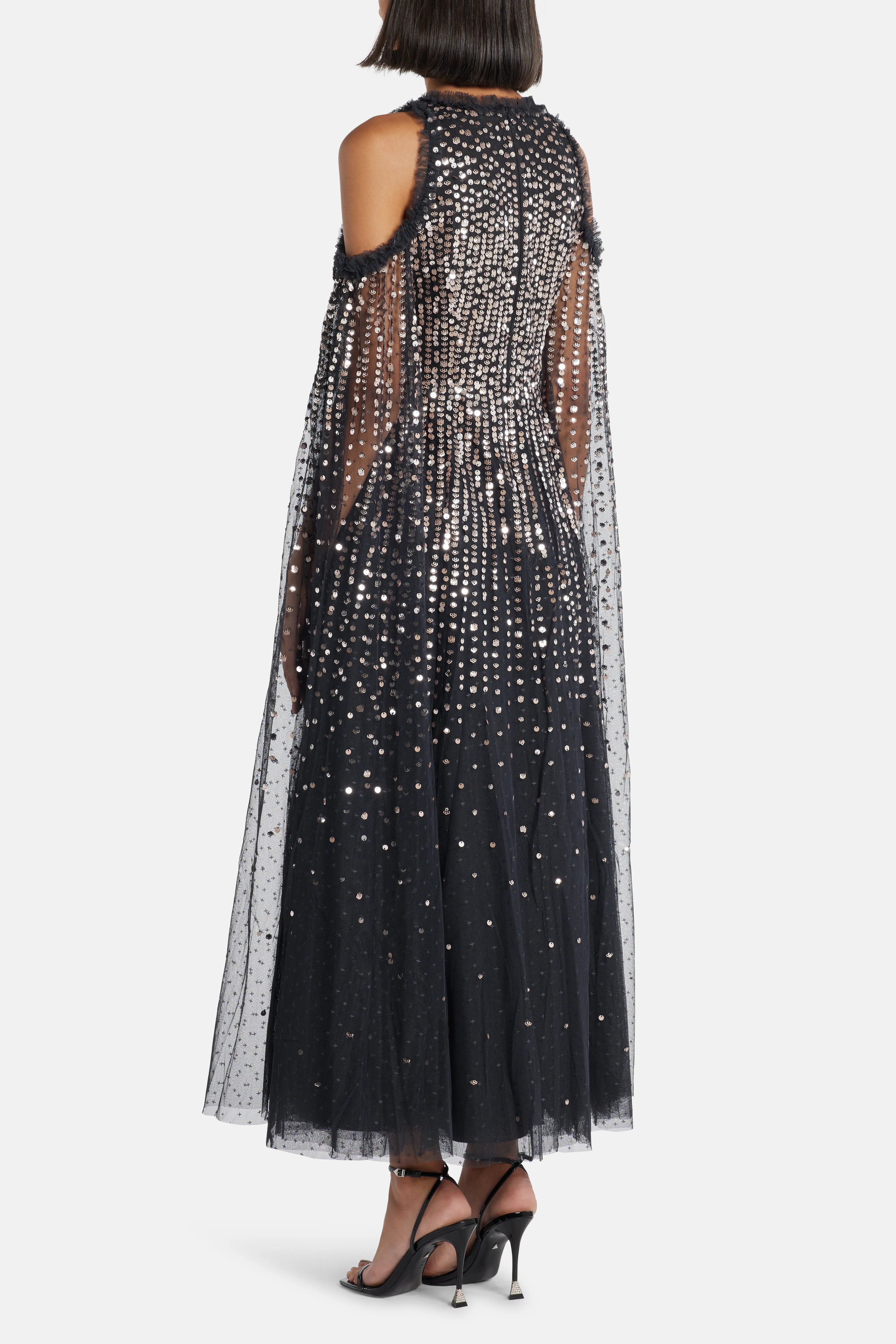 Moonlight Sequin Cape Sleeve Evening Dress in Black