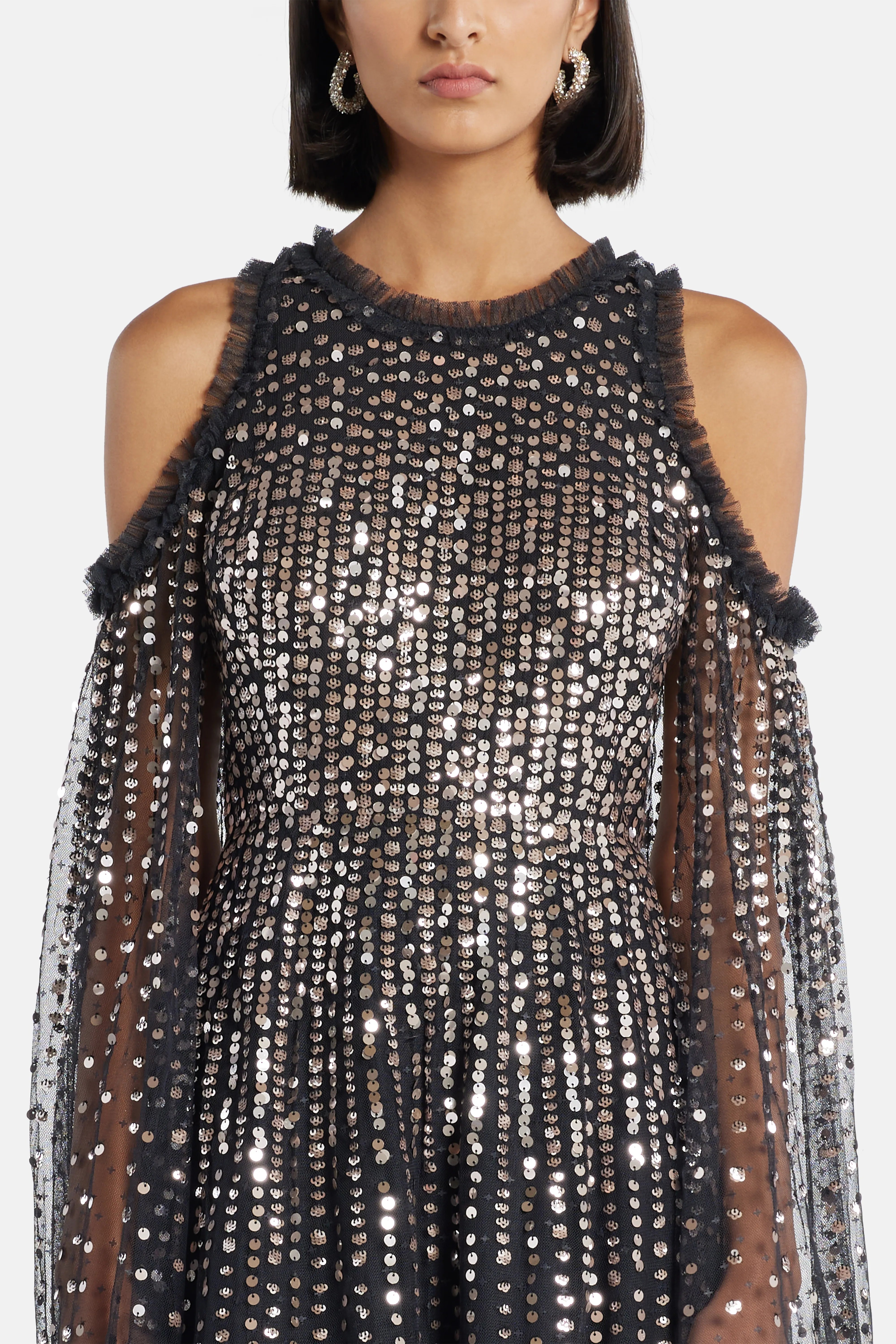 Moonlight Sequin Cape Sleeve Evening Dress in Black