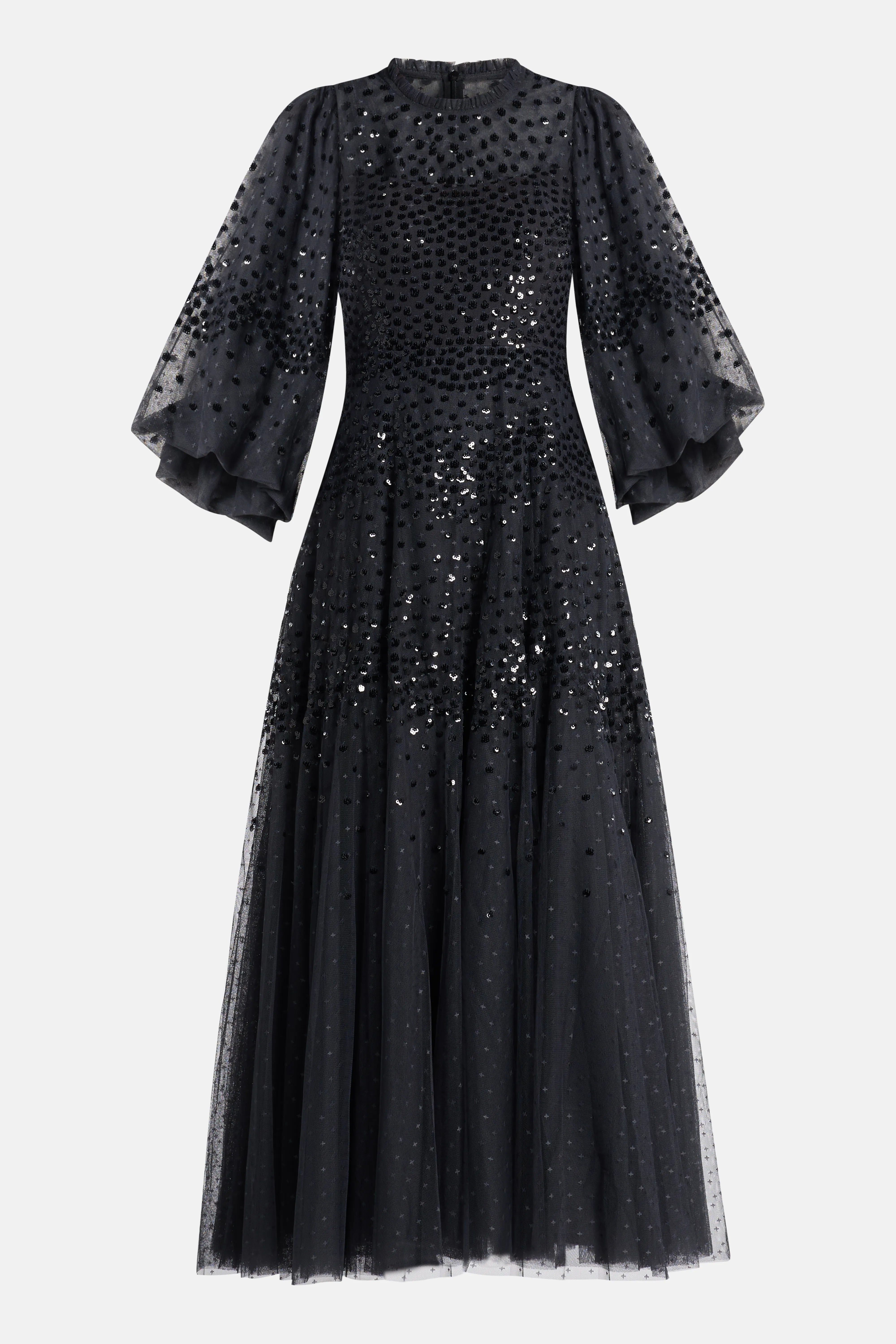 Scallop Sequin Evening Dress in Black