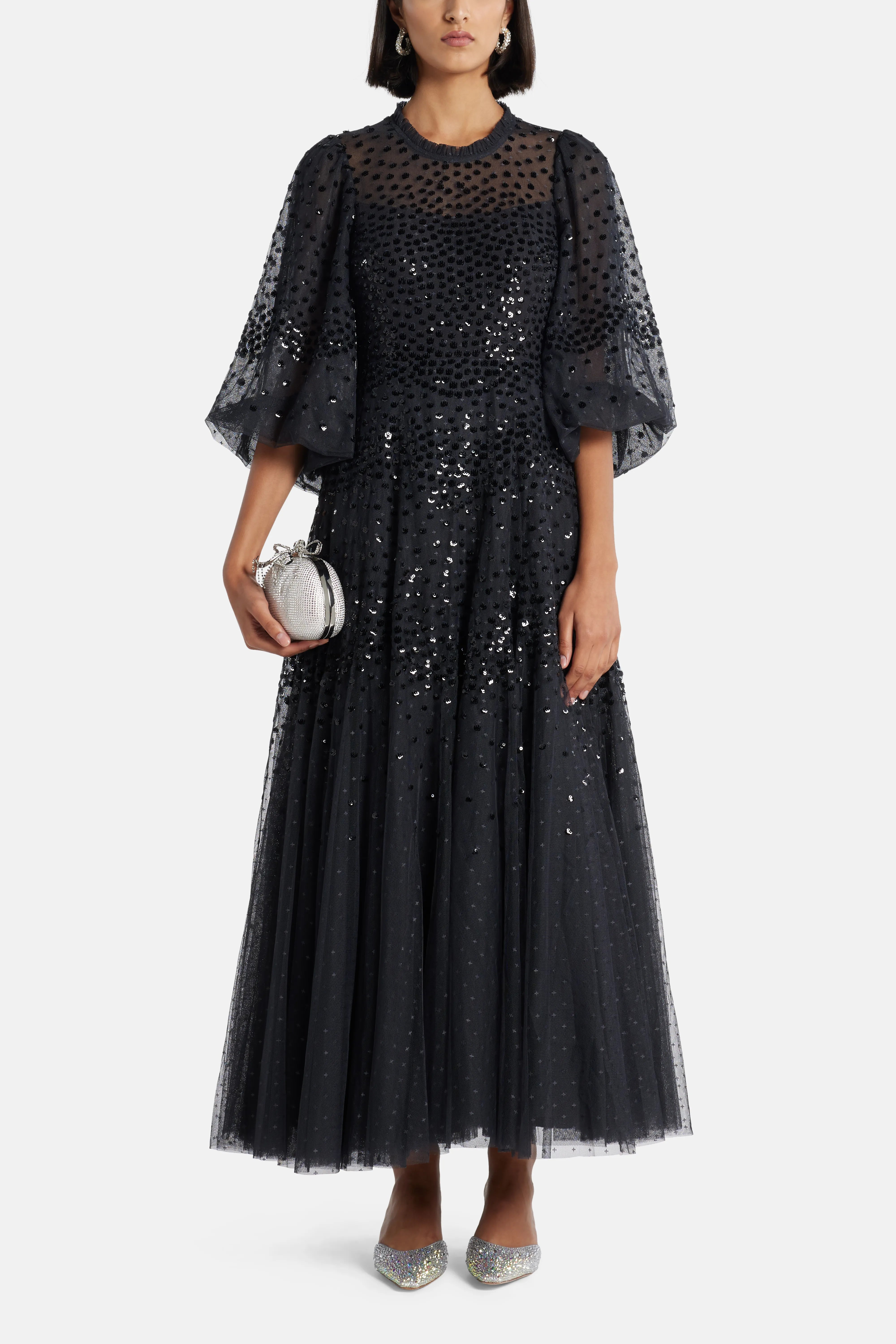 Scallop Sequin Evening Dress in Black