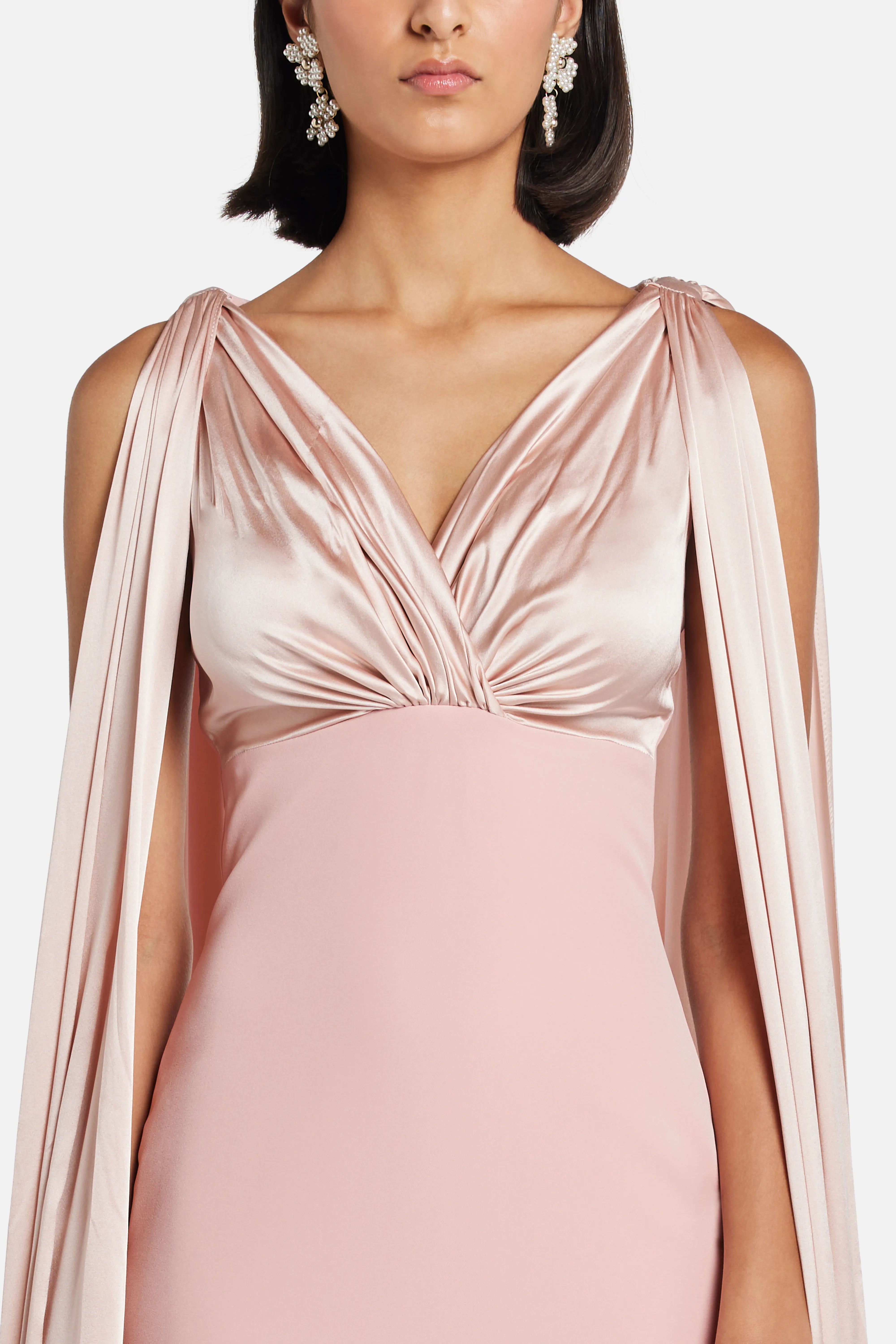 Aiman V Neck Cape Sleeves Evening Gown in PInk