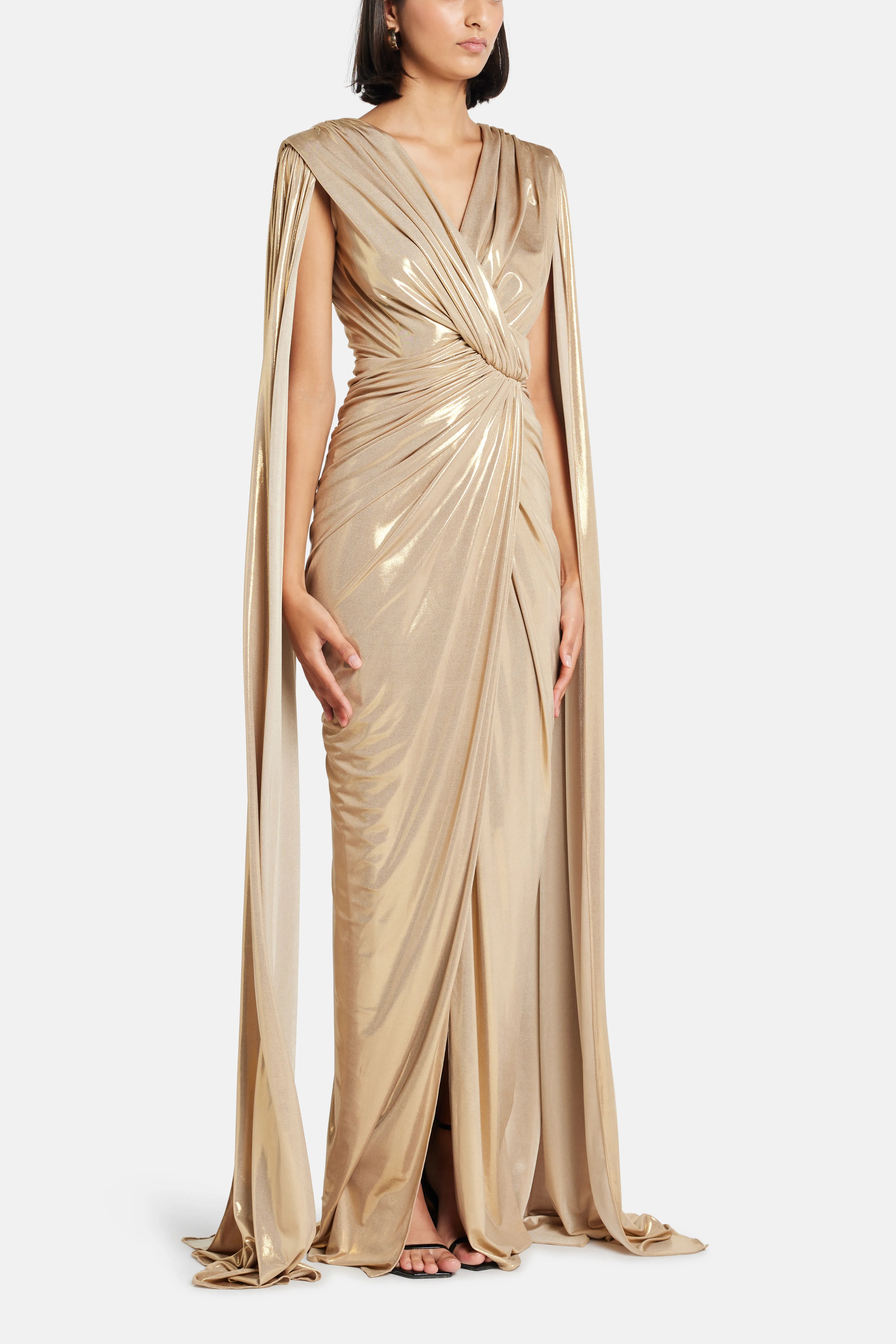 Evelyn Cape Sleeves Evening Gown in Gold