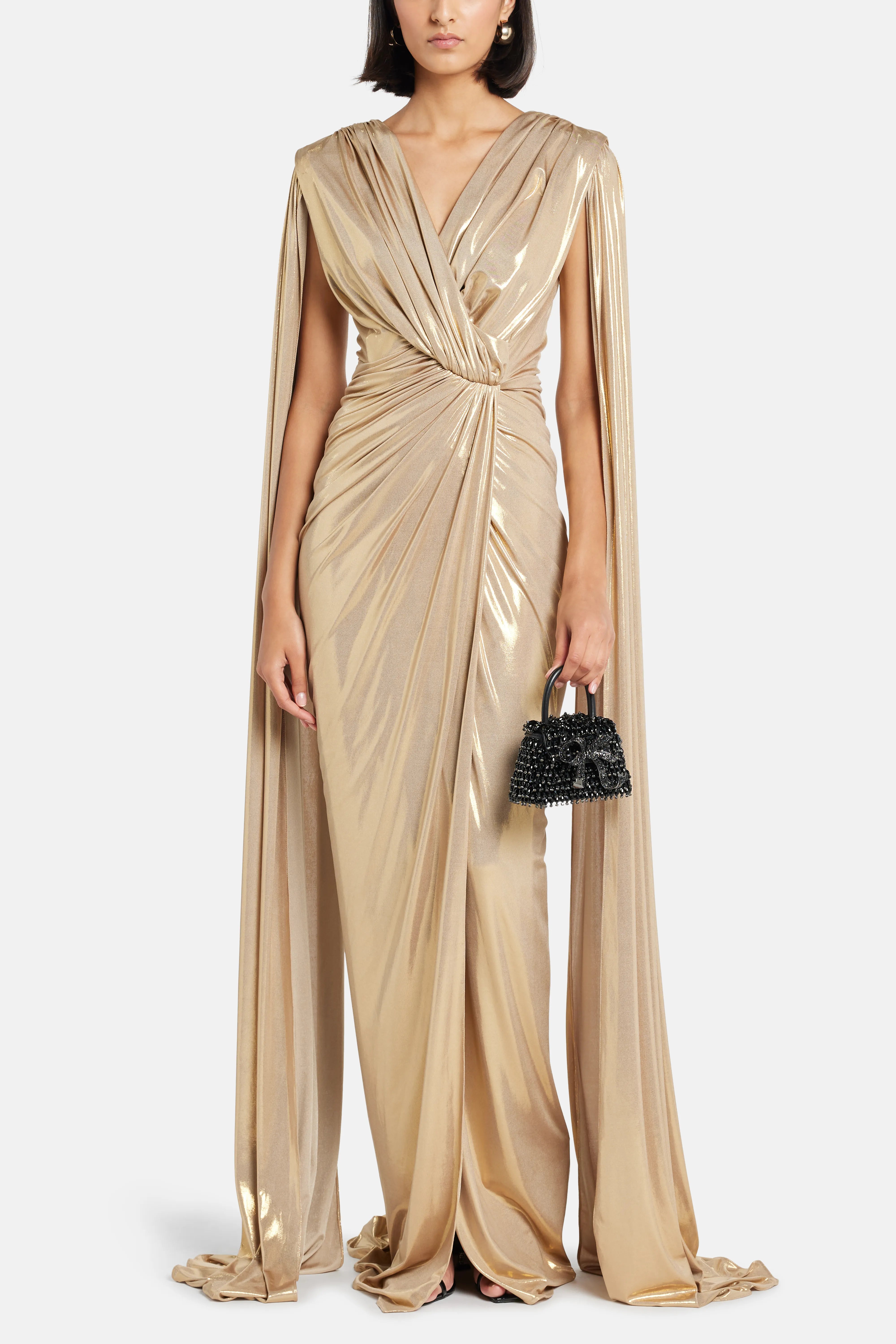 Evelyn Cape Sleeves Evening Gown in Gold
