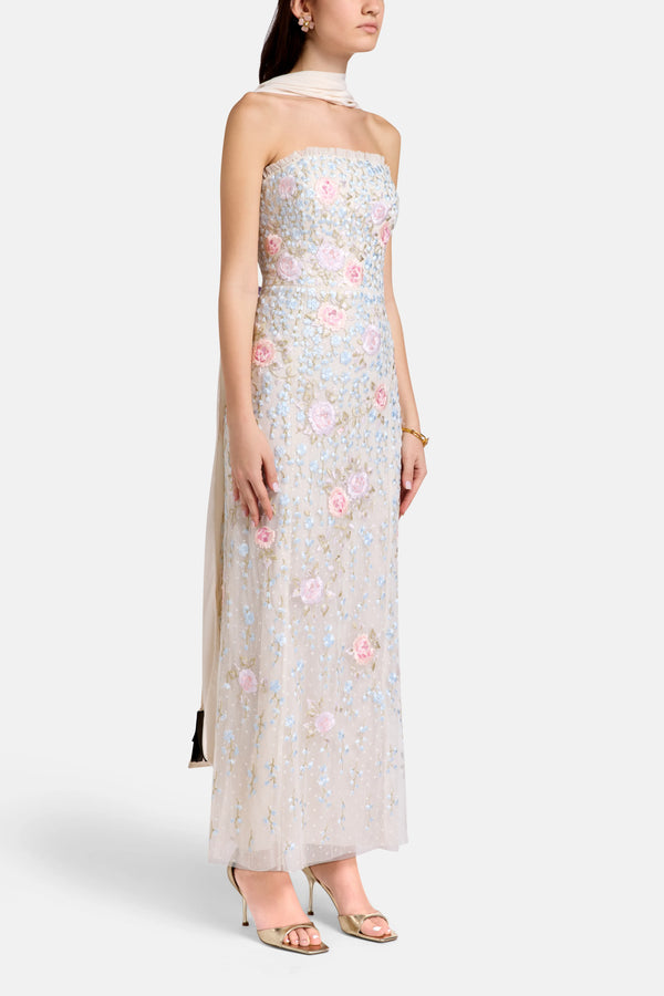 Cressida Embroidery Strapless Floral Evening Dress in Pink with Scarf