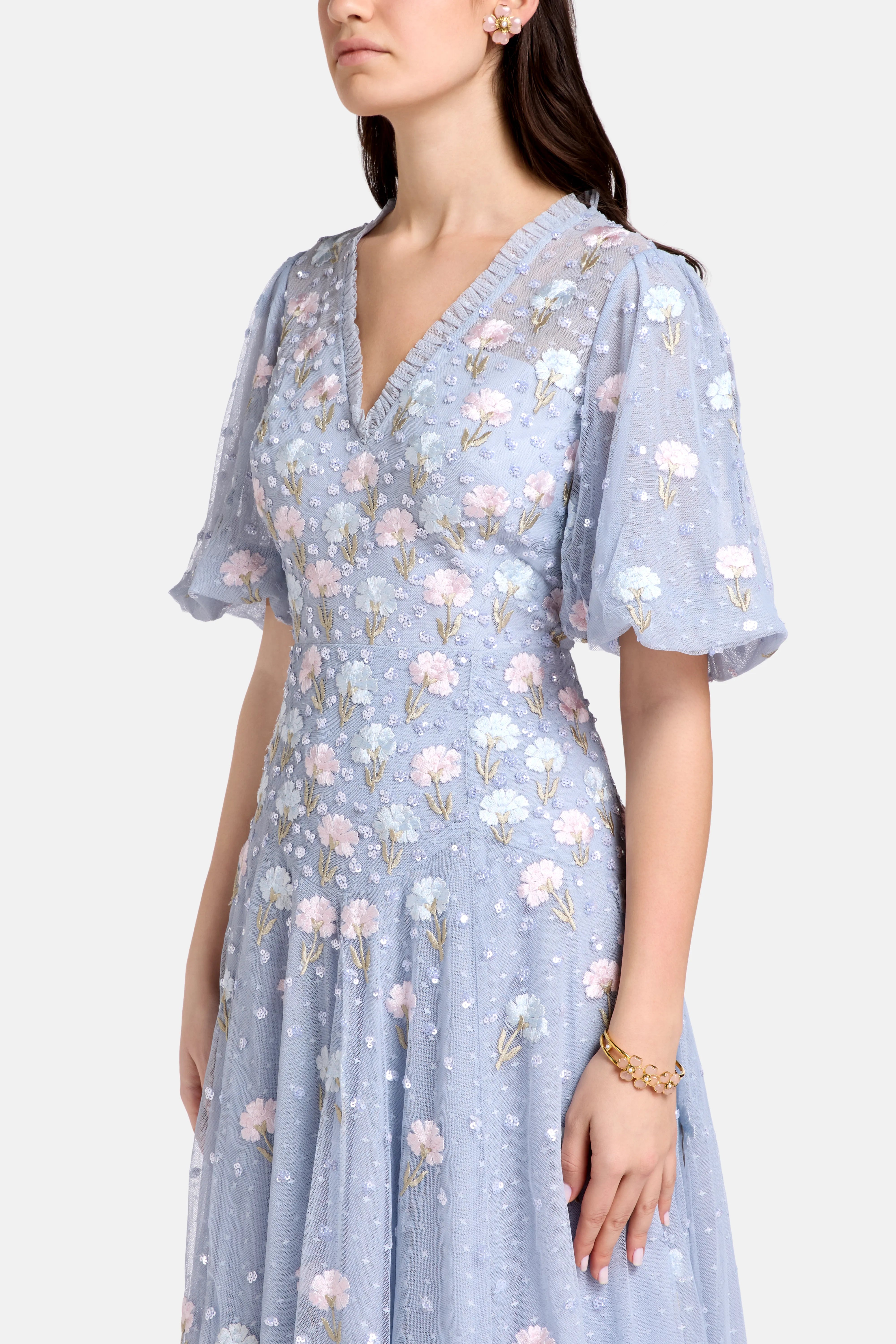 Dandelion Ditsy Floral Evening Dress in Blue