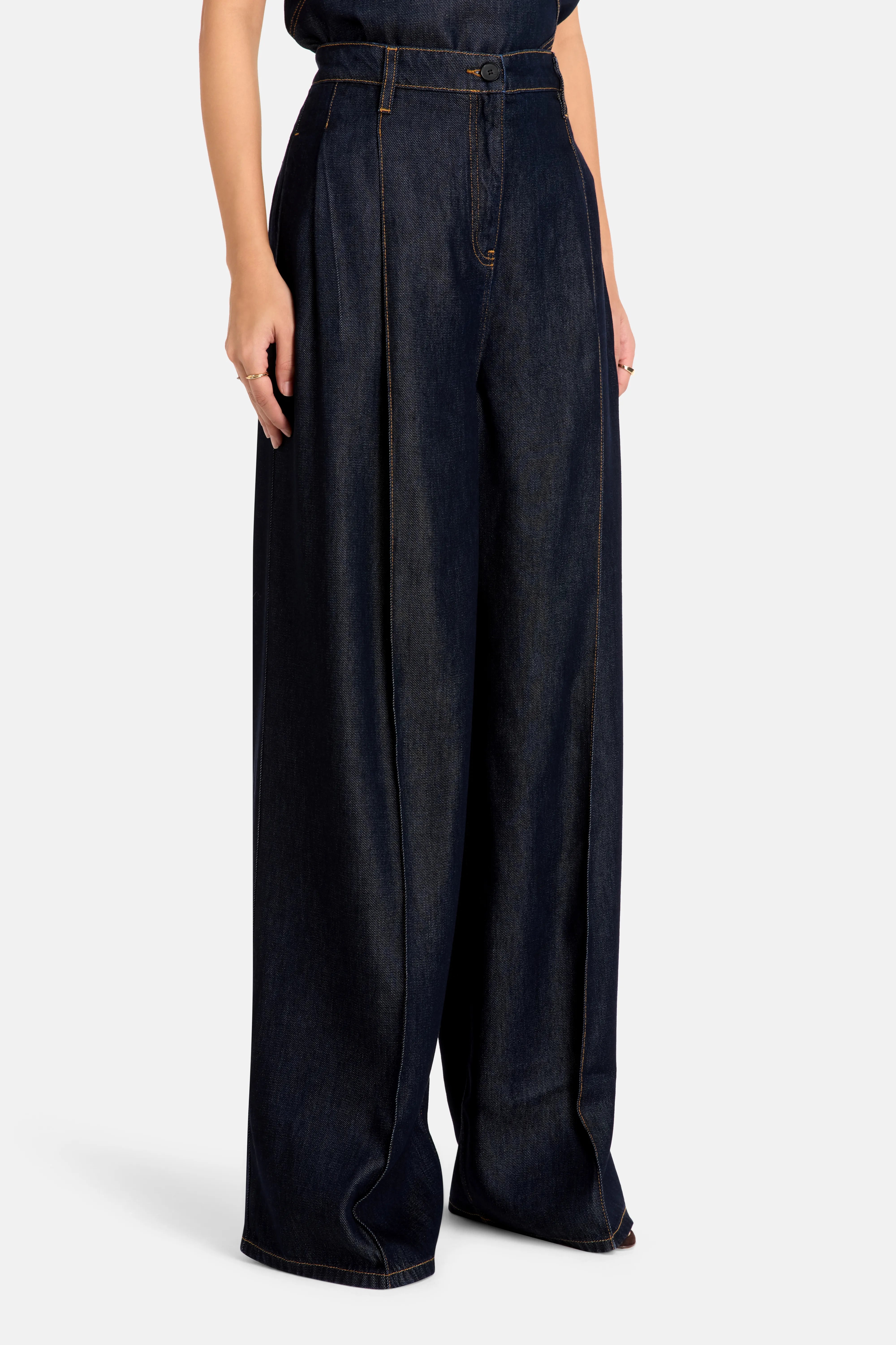 Remy Denim Wide Legged High Waisted Trousers in Blue