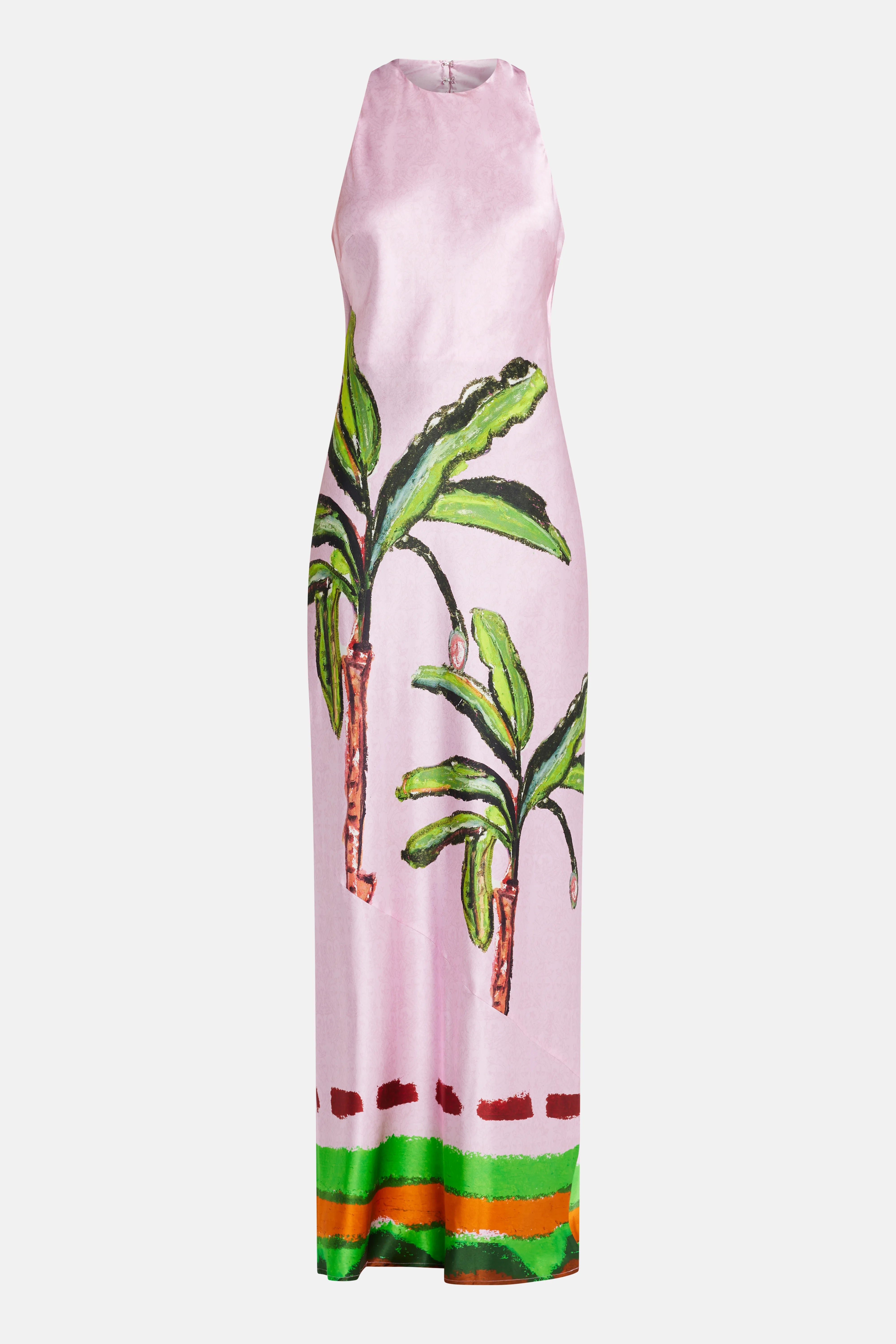 فستان كومولاو طويل من الحرير بدون أكمام وذو ظهر مفتوح باللون الوردي