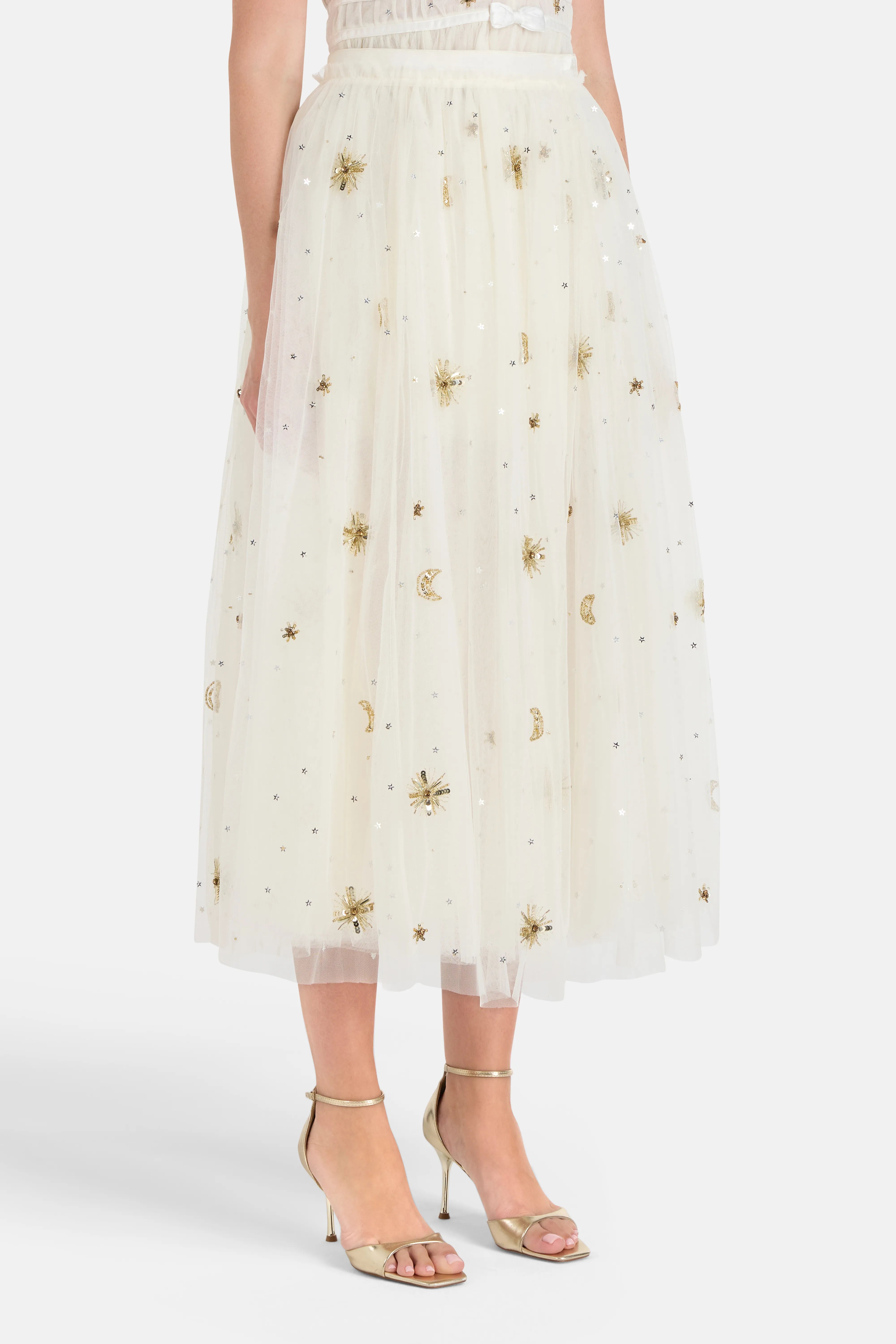 Wilona Tulle Maxi Skirt in White and Gold