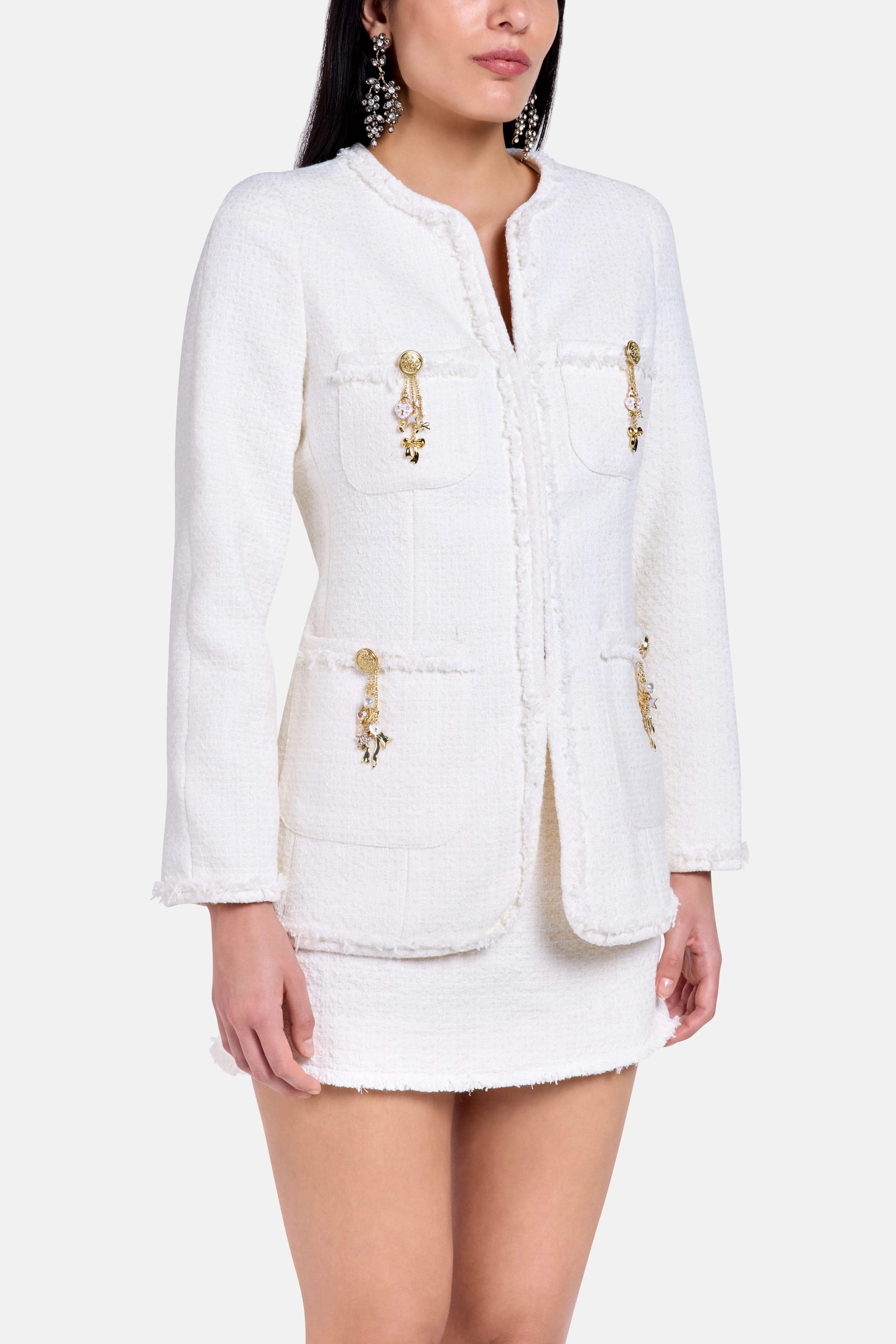 Adrina Embellishments Button Down Wool Jacket In Cream