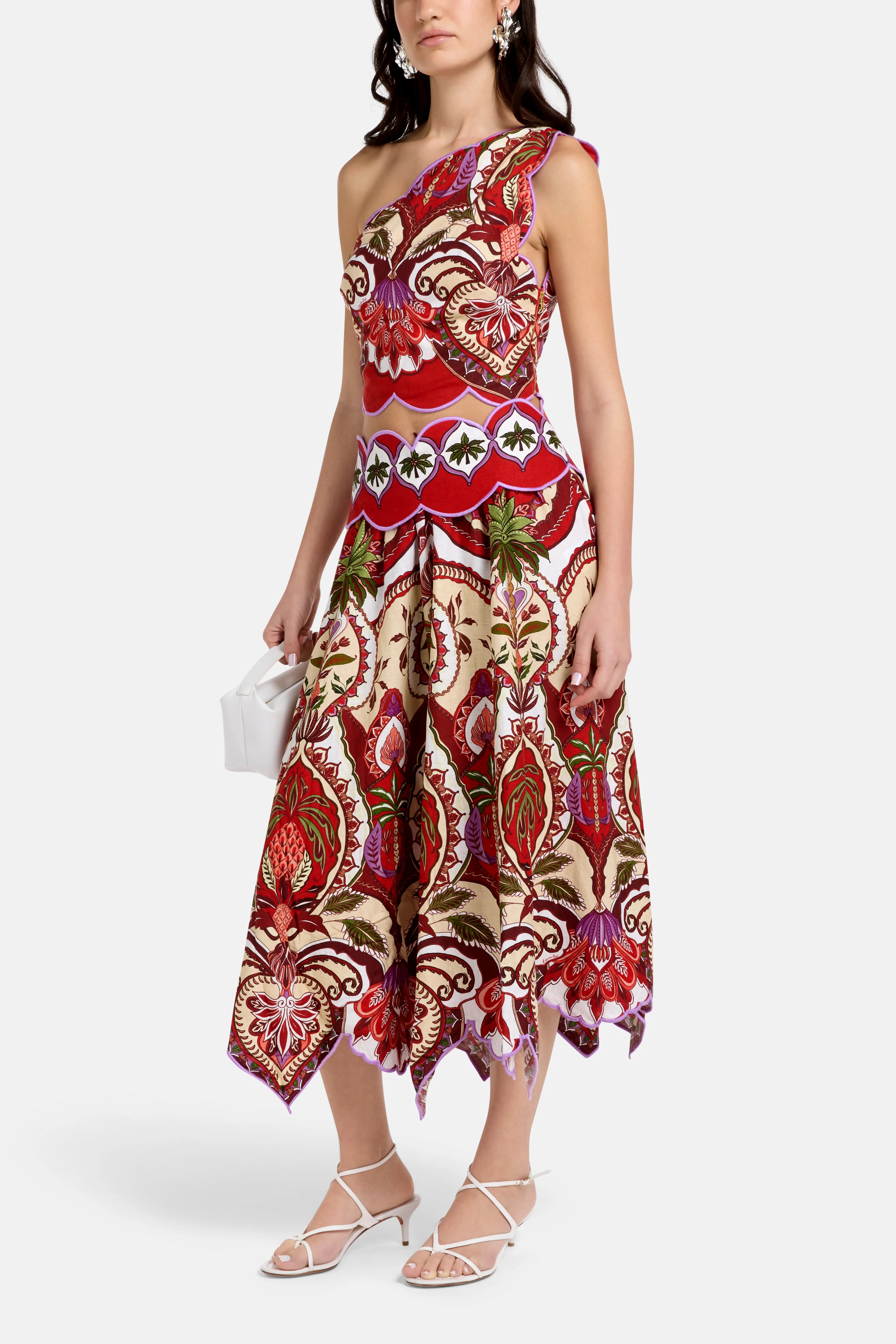 Odara Scallops Linen Midi Skirt in Red