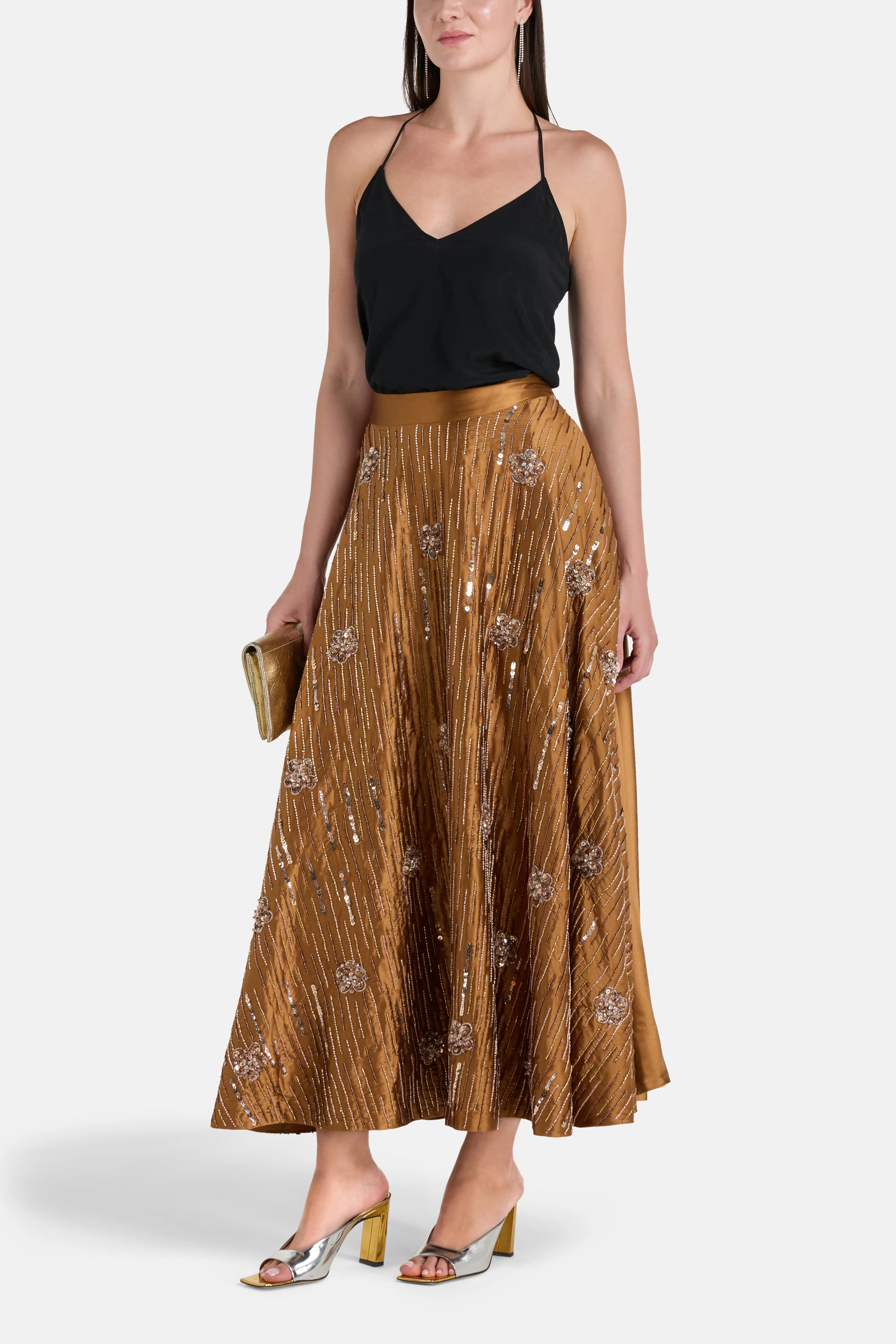 Silk Embellished Maxi Skirt in Brown