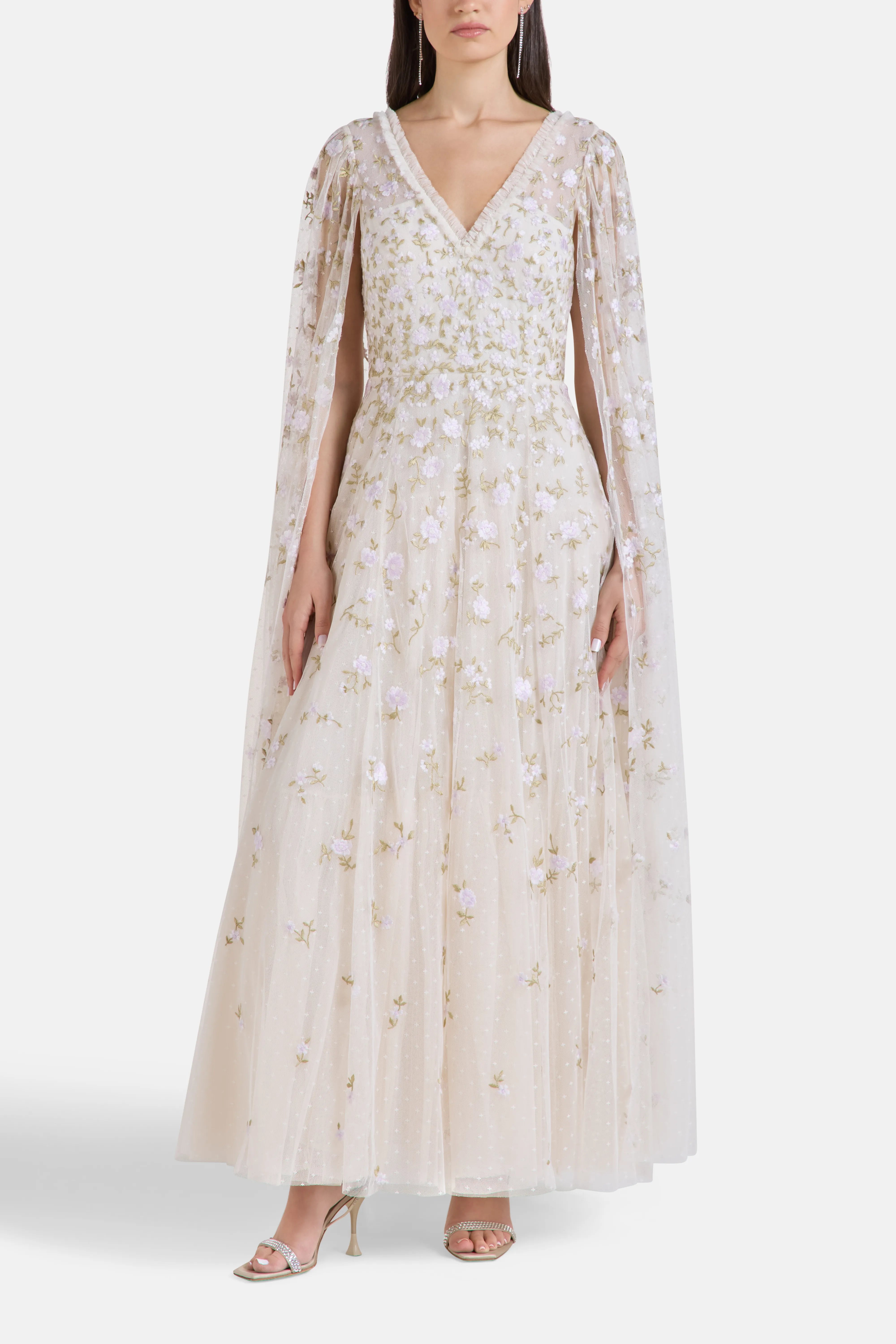 Lea Ditsy Floral Cape Sleeves Evening Dress in Cream