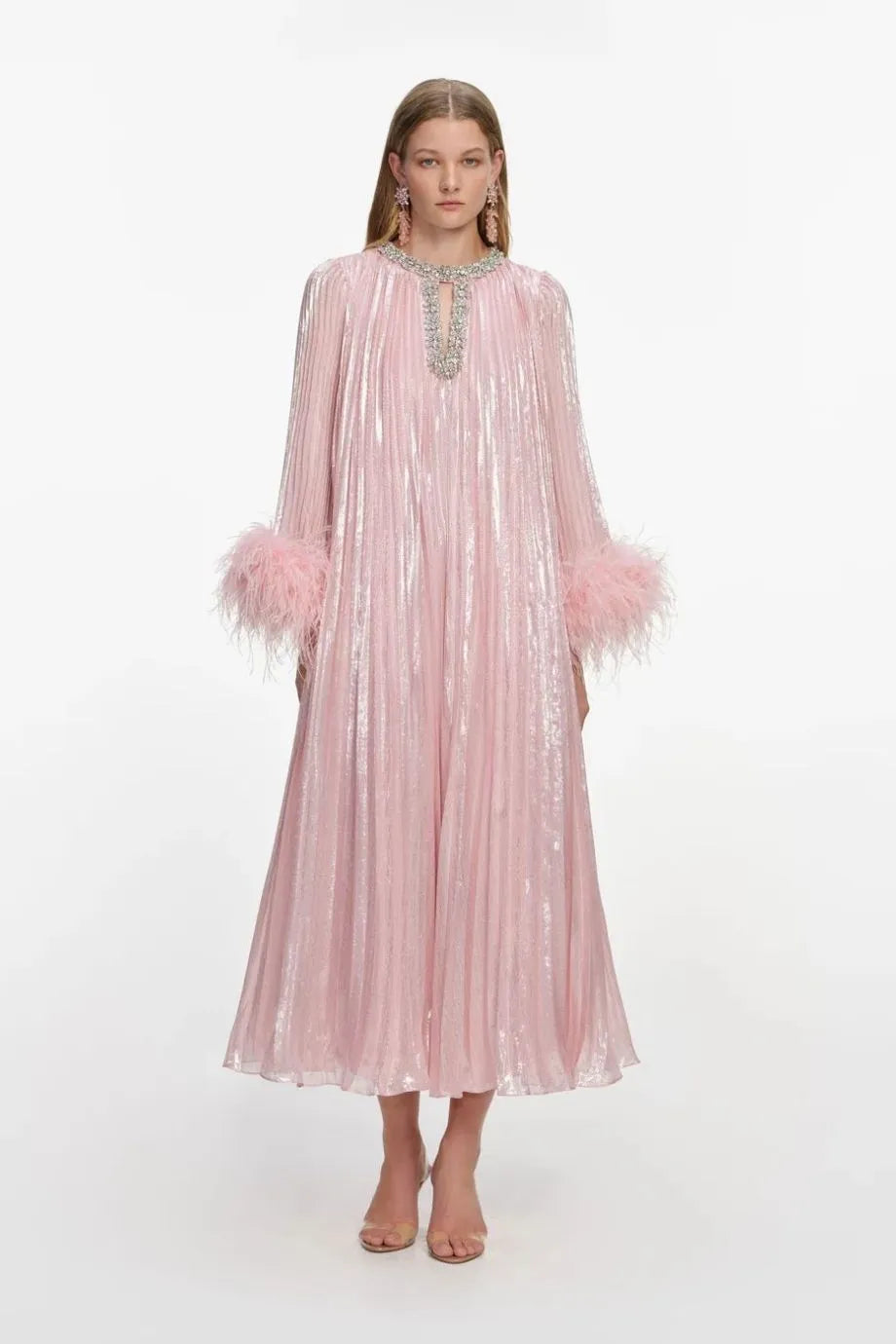 Metallic Chiffon Feather Pleated Evening Dress in Pink