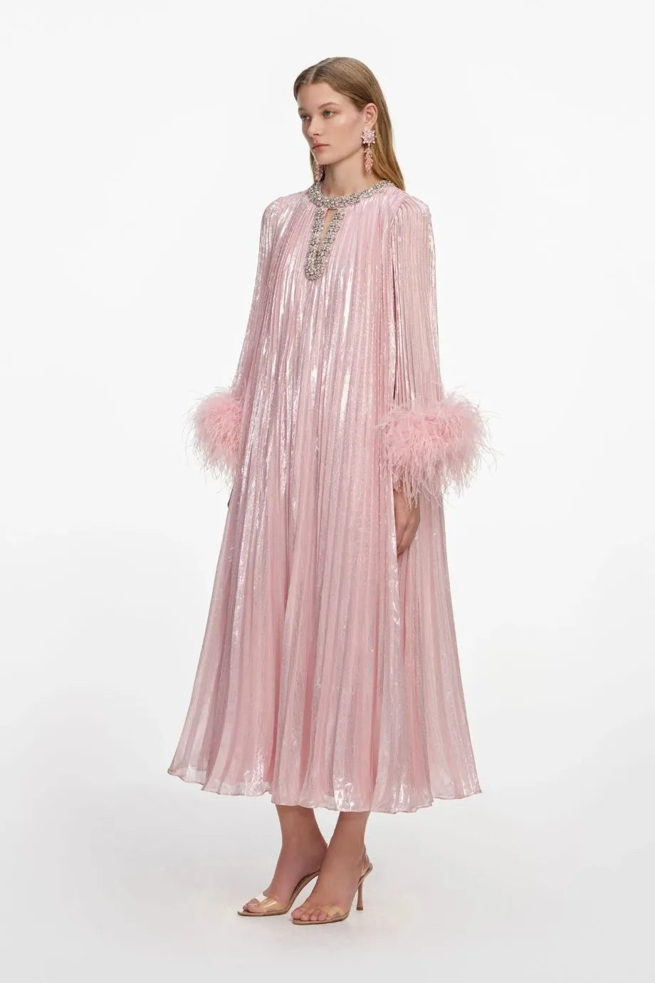 Metallic Chiffon Feather Pleated Evening Dress in Pink
