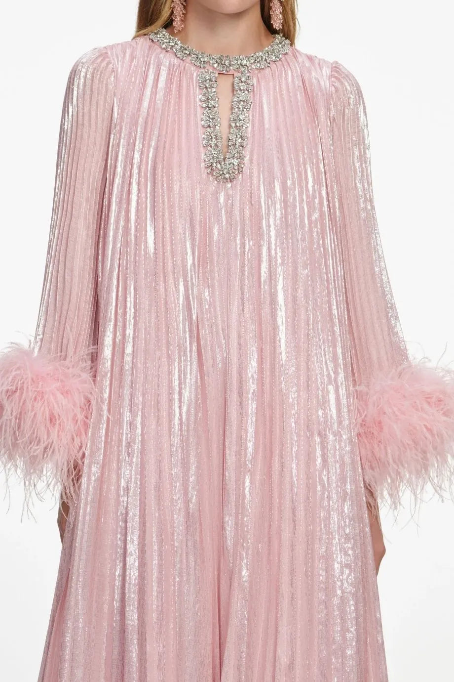 Metallic Chiffon Feather Pleated Evening Dress in Pink