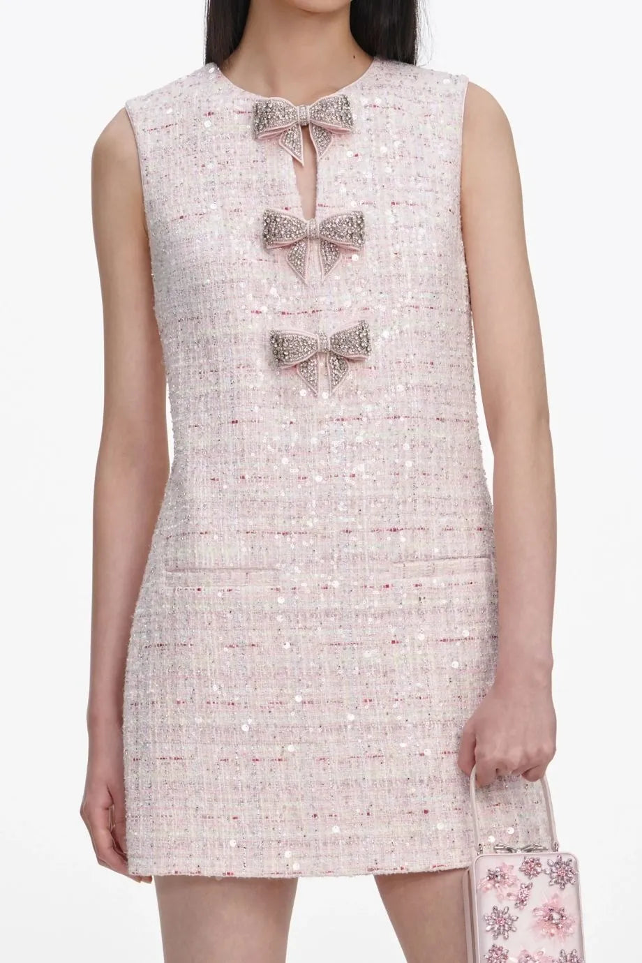Sleeveless Sequin Boucle Bow Mini Dress in Pink