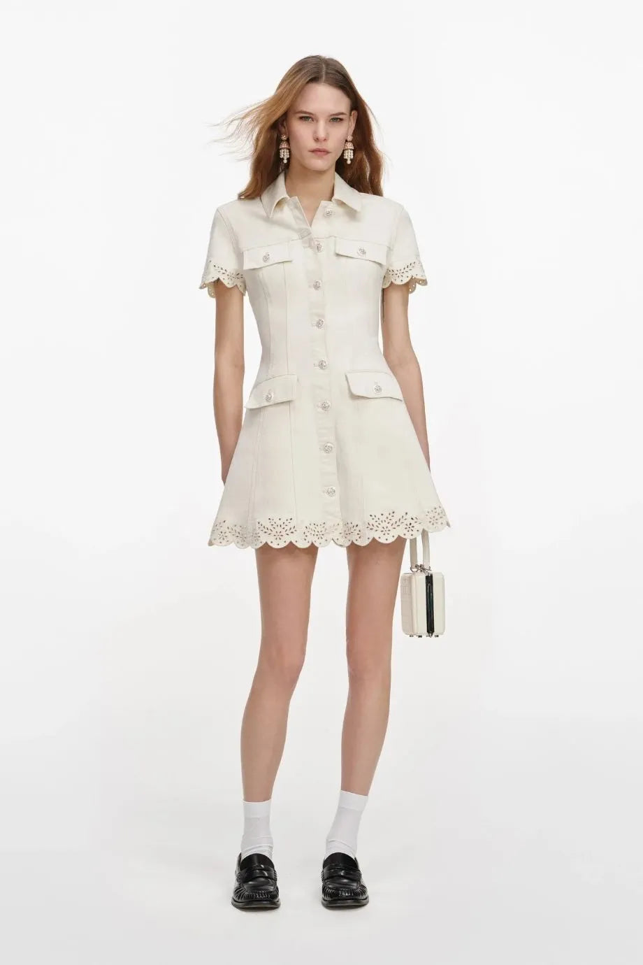 Broderie Denim Cotton Mini Dress in Cream