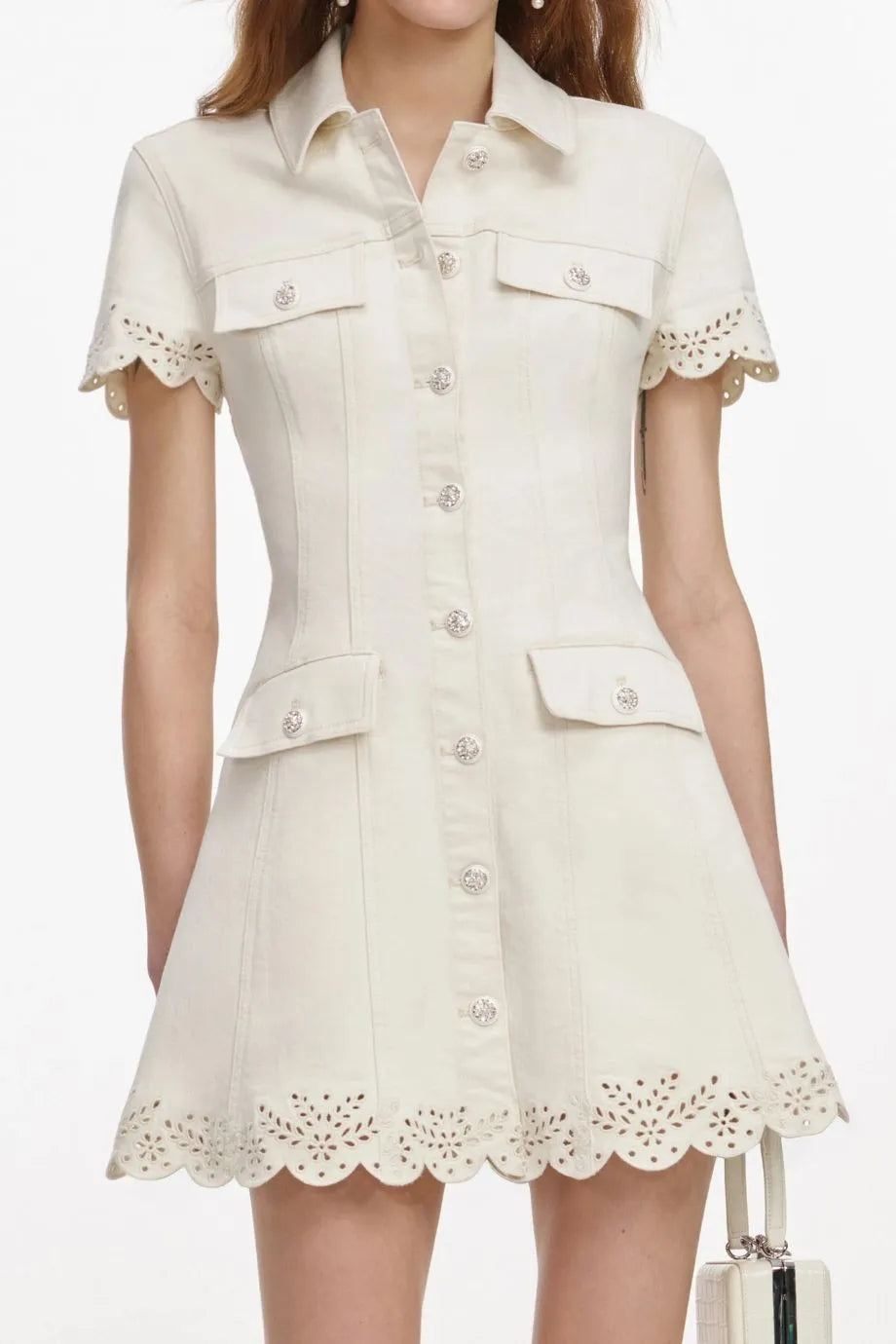 Broderie Denim Cotton Mini Dress in Cream