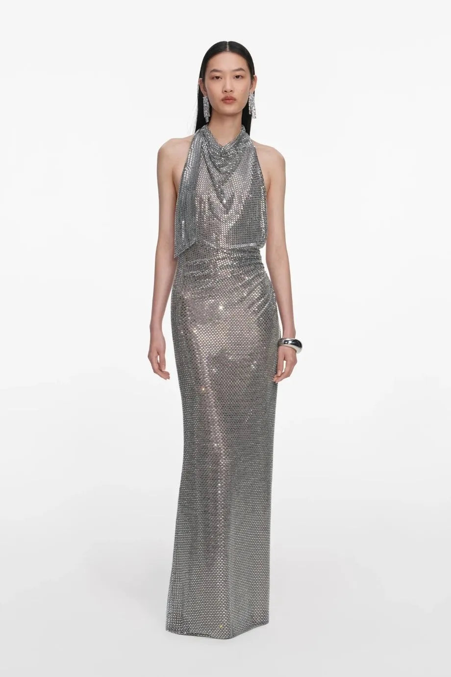Sleeveless Rhinestone Drape Evening Dress in Grey