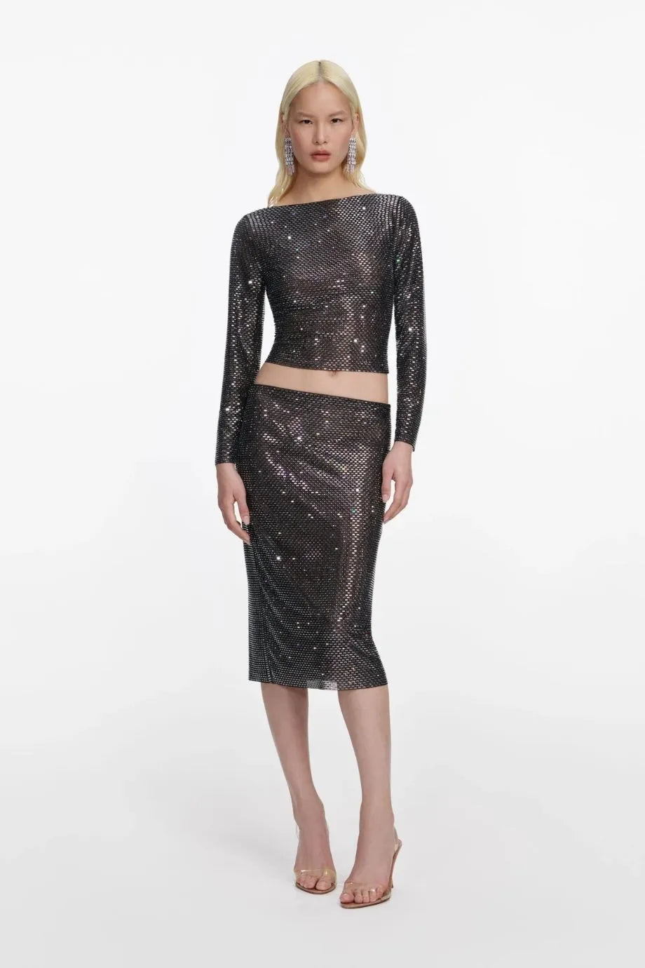 Gunmetal Rhinestone Long Sleeves Top in Black