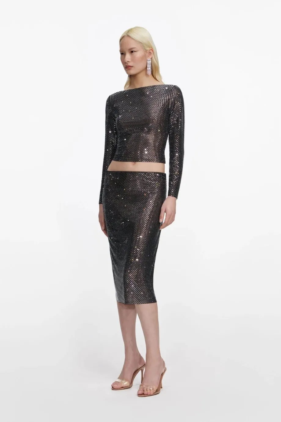 Gunmetal Rhinestone Long Sleeves Top in Black