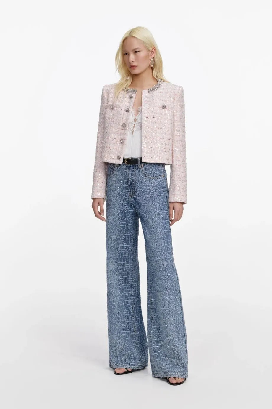 Sequin Boucle Cropped Jacket in Pink