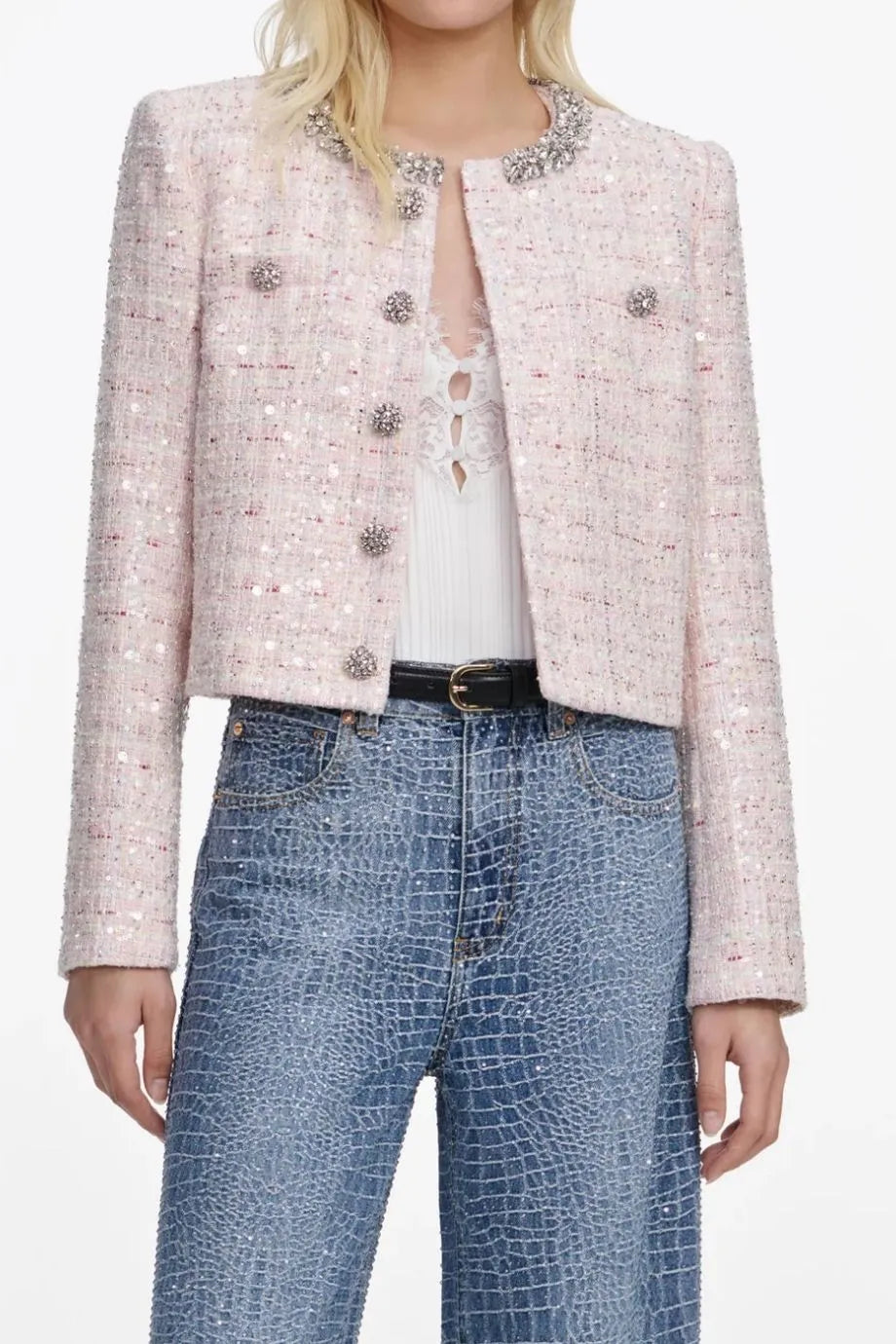 Sequin Boucle Cropped Jacket in Pink